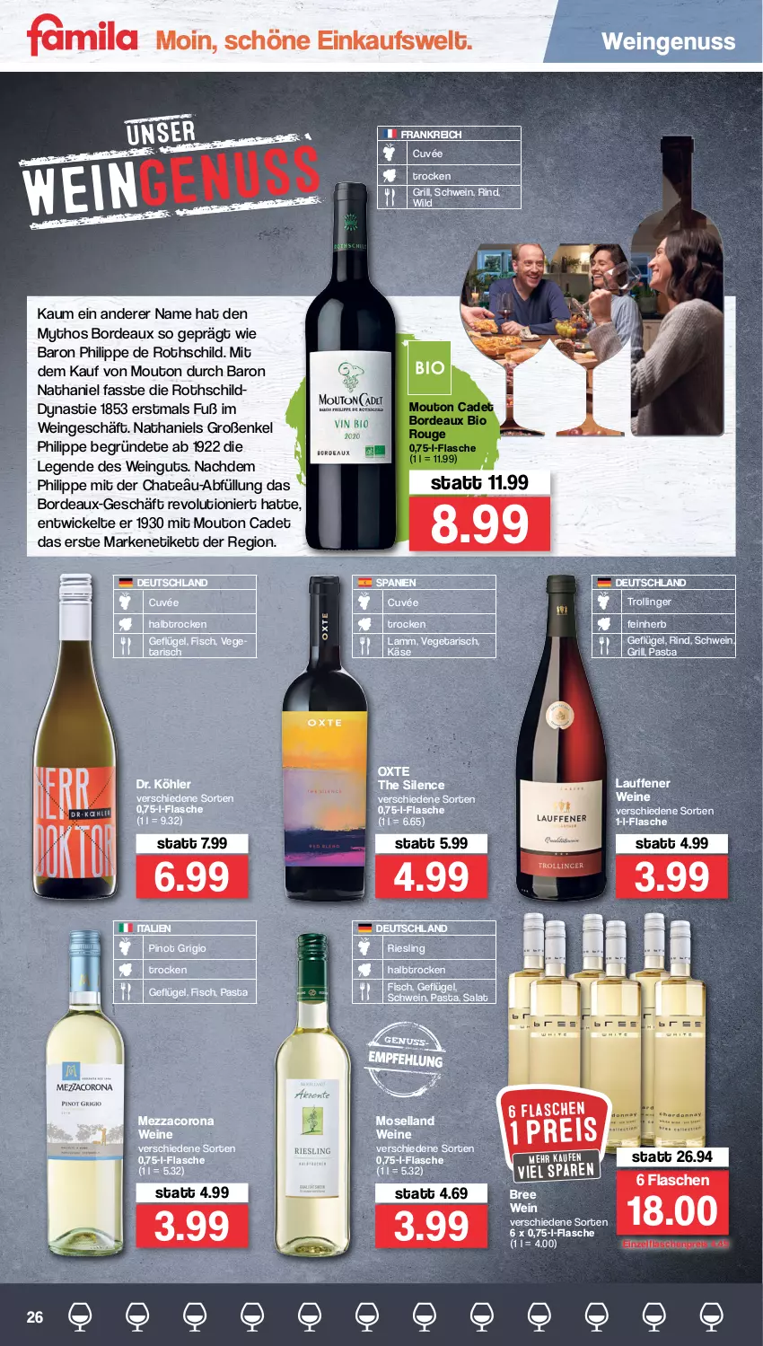 Aktueller Prospekt Famila - Prospekte - von 02.05 bis 07.05.2022 - strona 26 - produkty: asti, bio, bree, corona, cuvée, eis, fisch, flasche, Geflügel, grill, Käse, lamm, mezzacorona, moselland, Mythos, nuss, pasta, Pinot, pinot grigio, reis, riesling, rind, rouge, salat, schwein, Ti, trolli, trollinger, Vegeta, wein, weine, WICK, Wild