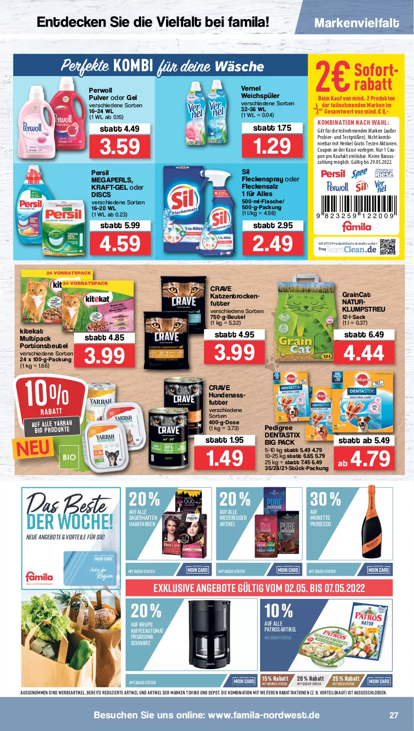 Aktueller Prospekt Famila - Prospekte - von 02.05 bis 07.05.2022 - strona 27 - produkty: angebot, angebote, asti, auer, auto, beutel, bier, bio, coupon, decke, dentastix, ecco, Egger, flasche, henkel, kaffee, kaffeeautomat, Katzentrockenfutter, kitekat, klumpstreu, kraft, krups, megaperls, mionetto, nassfutter, natur, patros, pedigree, persil, perwoll, portionsbeutel, prosecco, sac, salz, sofortrabatt, Tchibo, Ti, trockenfutter, vernel, weichspüler