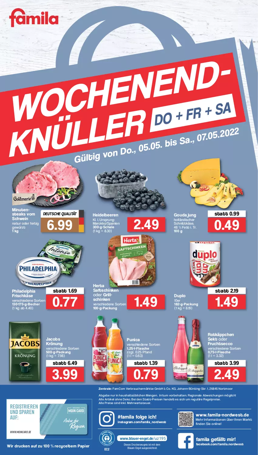 Aktueller Prospekt Famila - Prospekte - von 02.05 bis 07.05.2022 - strona 36 - produkty: auer, Becher, beere, beeren, drucker, duplo, ecco, eis, Engel, flasche, frischkäse, frucht, fruchtsecco, gewürz, gouda, gouda jung, grill, heidelbeere, heidelbeeren, herta, holländischer schnittkäse, jacobs, jacobs krönung, Käse, kerze, LG, minutensteaks, natur, papier, philadelphia, punica, Rauch, regal, reis, rotkäppchen, rwe, saft, saftschinken, Schal, Schale, schinken, schnittkäse, schwein, sekt, steak, steaks, Ti, wein