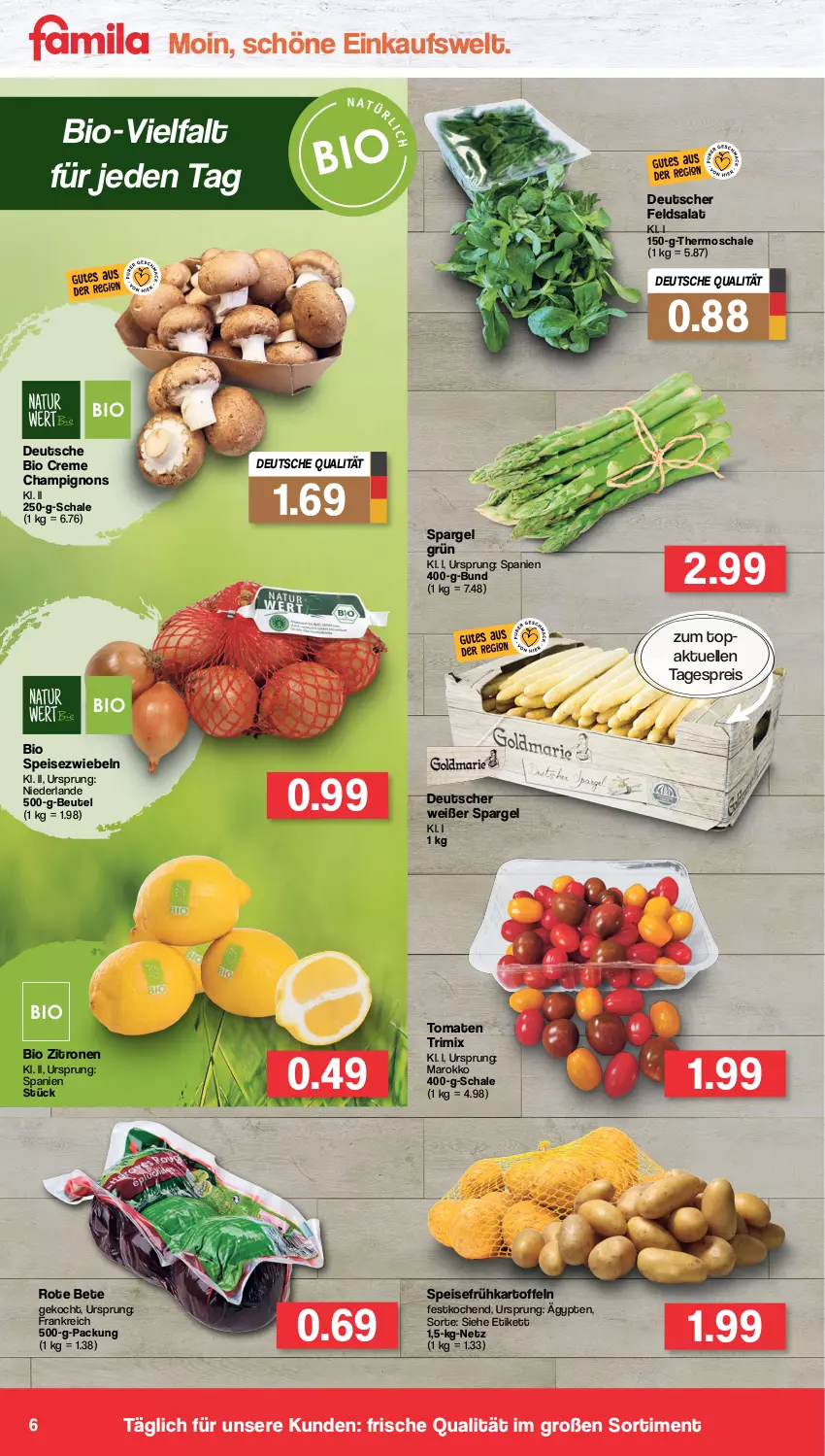 Aktueller Prospekt Famila - Prospekte - von 02.05 bis 07.05.2022 - strona 6 - produkty: beutel, bio, champignon, champignons, creme, eis, elle, feldsalat, Frühkartoffeln, kartoffel, kartoffeln, reis, rote bete, salat, Schal, Schale, spargel, spargel grün, speisefrühkartoffeln, Speisezwiebeln, Ti, tomate, tomaten, zitrone, zitronen, zwiebel, zwiebeln