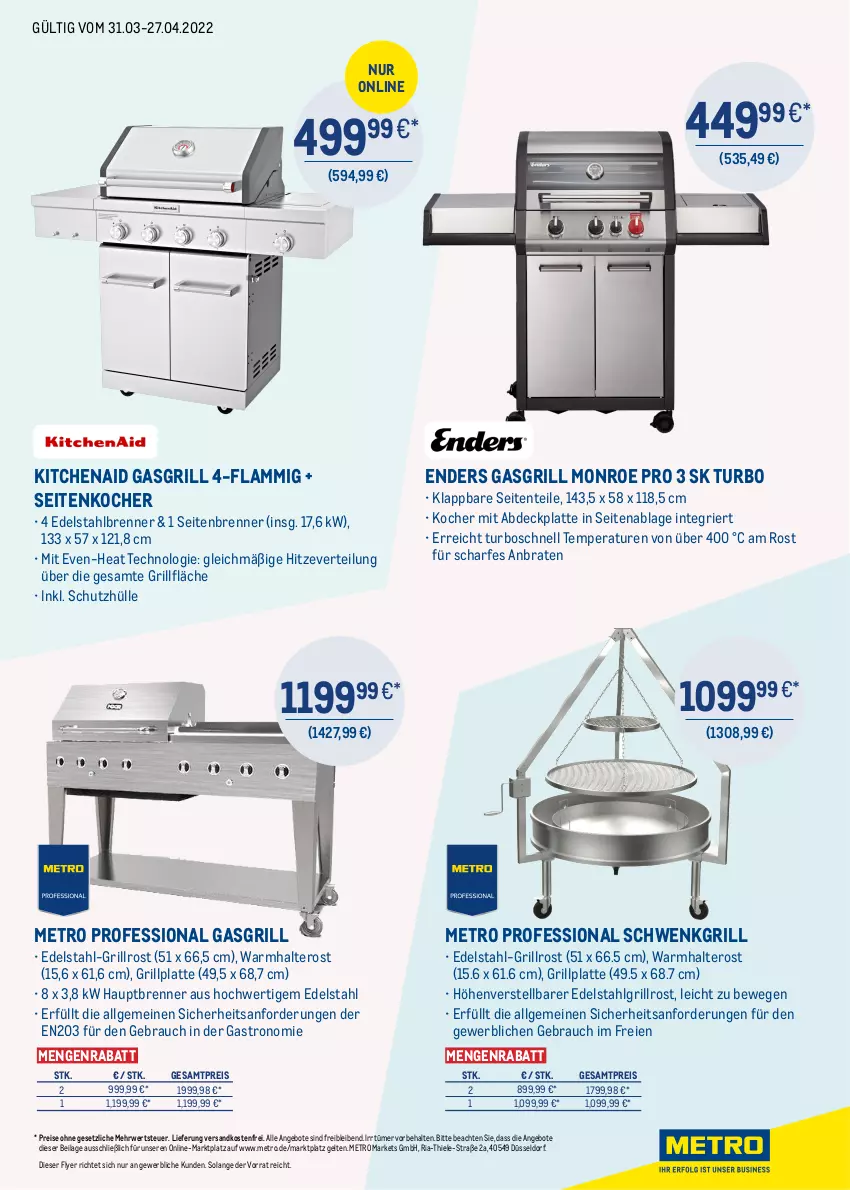 Aktueller Prospekt Metro - ONLINE-MARKTPLATZ - von 31.03 bis 27.04.2022 - strona 3 - produkty: angebot, angebote, bosch, braten, edelstahl, eis, enders, ente, gasgrill, grill, grillfläche, grillplatte, grillrost, ilag, KitchenAid, Kocher, lamm, latte, LG, Metro, ndk, Rauch, reis, Ria, rwe, schutzhülle, Ti, versandkostenfrei