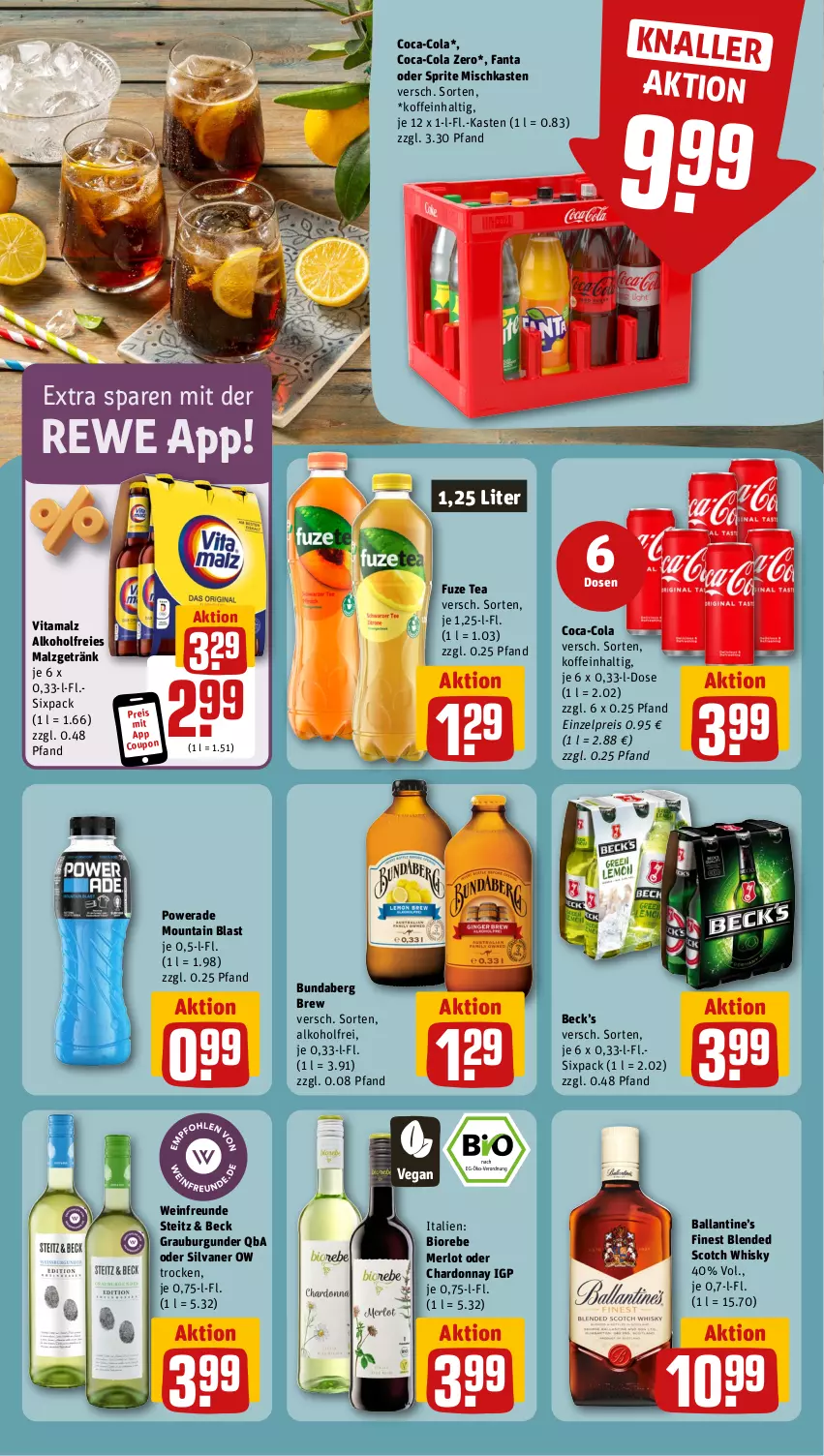 Aktueller Prospekt Rewe - Prospekte - von 28.10 bis 02.11.2024 - strona 10 - produkty: alkohol, ball, bio, blended scotch, blended scotch whisky, Bundaberg, burgunder, chardonnay, coca-cola, cola, coupon, eis, fanta, fanta oder, fanta oder sprite, fuze tea, getränk, grauburgunder, malz, merl, merlot, oder sprite, reis, scotch, scotch whisky, silvaner, sprite, Ti, vita, vitamalz, wein, whisky