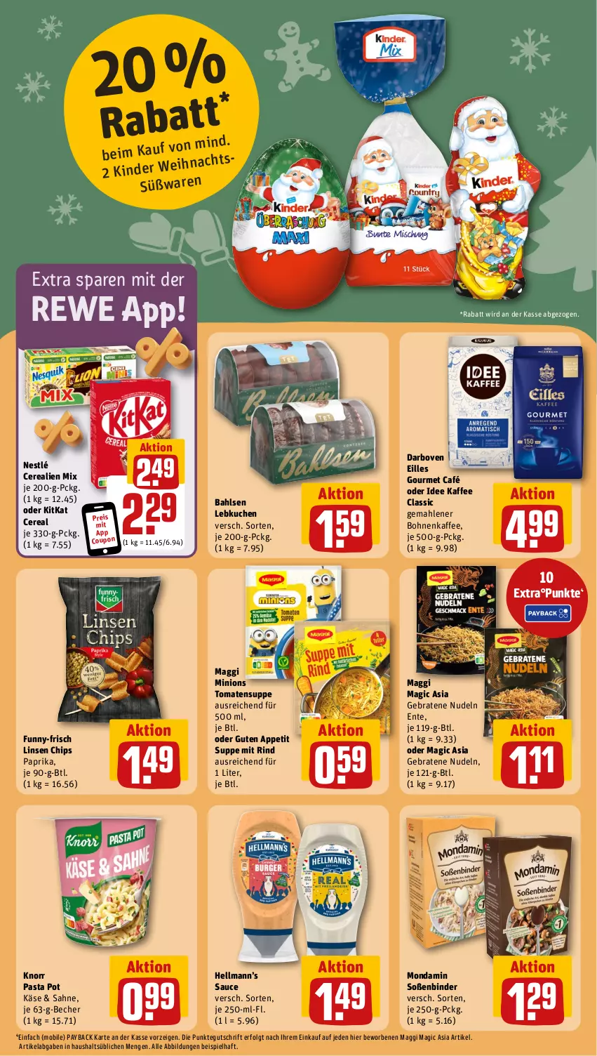 Aktueller Prospekt Rewe - Prospekte - von 28.10 bis 02.11.2024 - strona 11 - produkty: bahlsen, Becher, bohne, bohnen, bohnenkaffee, braten, cerealien, chips, coupon, darbo, darboven, eilles gourmet, eis, ente, funny-frisch, gemahlener bohnenkaffee, gourmet café, kaffee, Käse, Kinder, kitkat, knorr, knorr pasta, kuchen, Lebkuchen, LG, linsen, maggi, mondamin, nestlé, nudel, nudeln, paprika, pasta, payback, reis, rind, sahne, sauce, Soße, suppe, Ti, tomate, tomaten, Tomatensuppe