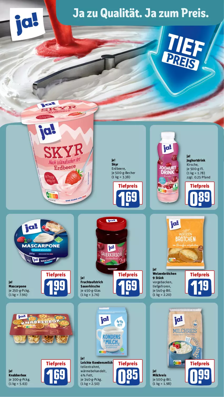 Aktueller Prospekt Rewe - Prospekte - von 28.10 bis 02.11.2024 - strona 14 - produkty: auer, aufstrich, Becher, beere, brötchen, drink, eis, erdbeere, frucht, fruchtaufstrich, geback, joghur, joghurt, Joghurtdrink, kirsch, kirsche, kondensmilch, mascarpone, milch, milchreis, reis, Skyr, Ti, tiefpreis, weizenbrötchen