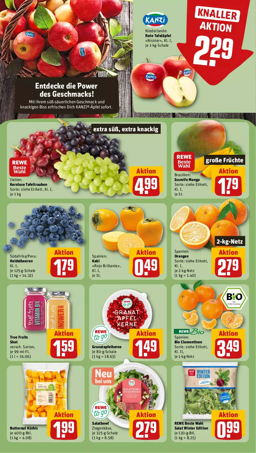 Aktueller Prospekt Rewe - Prospekte - von 28.10 bis 02.11.2024 - strona 4 - produkty: apfel, beere, beeren, bio, butter, clementinen, decke, früchte, grana, granatapfel, granatapfelkerne, heidelbeere, heidelbeeren, Kaki, Käse, Kürbis, mac, mango, orange, orangen, Rana, rewe beste wahl, rote tafeläpfel, salat, Schal, Schale, tafeläpfel, tafeltrauben, Ti, trauben, true fruits, ziegenkäse