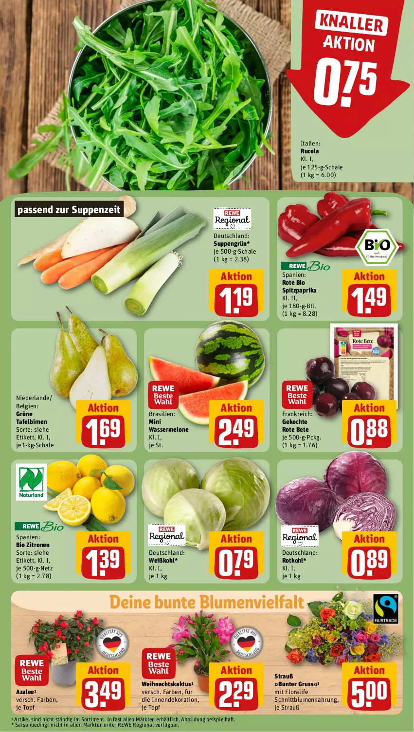 Aktueller Prospekt Rewe - Prospekte - von 28.10 bis 02.11.2024 - strona 5 - produkty: bio, Birnen, blume, blumen, cola, dekoration, eis, LG, melone, paprika, rote bete, rotkohl, rucola, Schal, Schale, Spitzpaprika, suppe, suppen, tafelbirnen, Ti, topf, wasser, wassermelone, Weißkohl, zitrone, zitronen