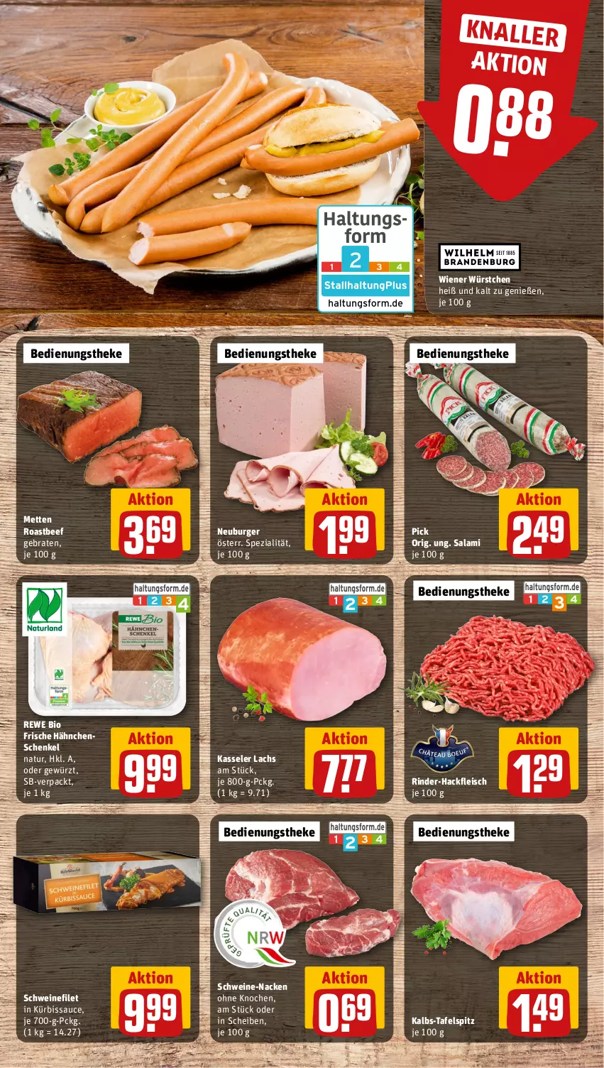 Aktueller Prospekt Rewe - Prospekte - von 28.10 bis 02.11.2024 - strona 6 - produkty: beef, bio, braten, burger, eis, filet, fleisch, Frische Hähnchen, gewürz, hackfleisch, hähnchenschenkel, henkel, kasseler, Kürbis, lachs, Mett, metten, natur, Neuburger, rewe bio, rind, rinder, rinder-hackfleisch, roastbeef, salami, sauce, schenkel, schwein, schweine, schweinefilet, Spezi, tafelspitz, Ti, wein, weine, wiener, wiener würstchen, würstchen