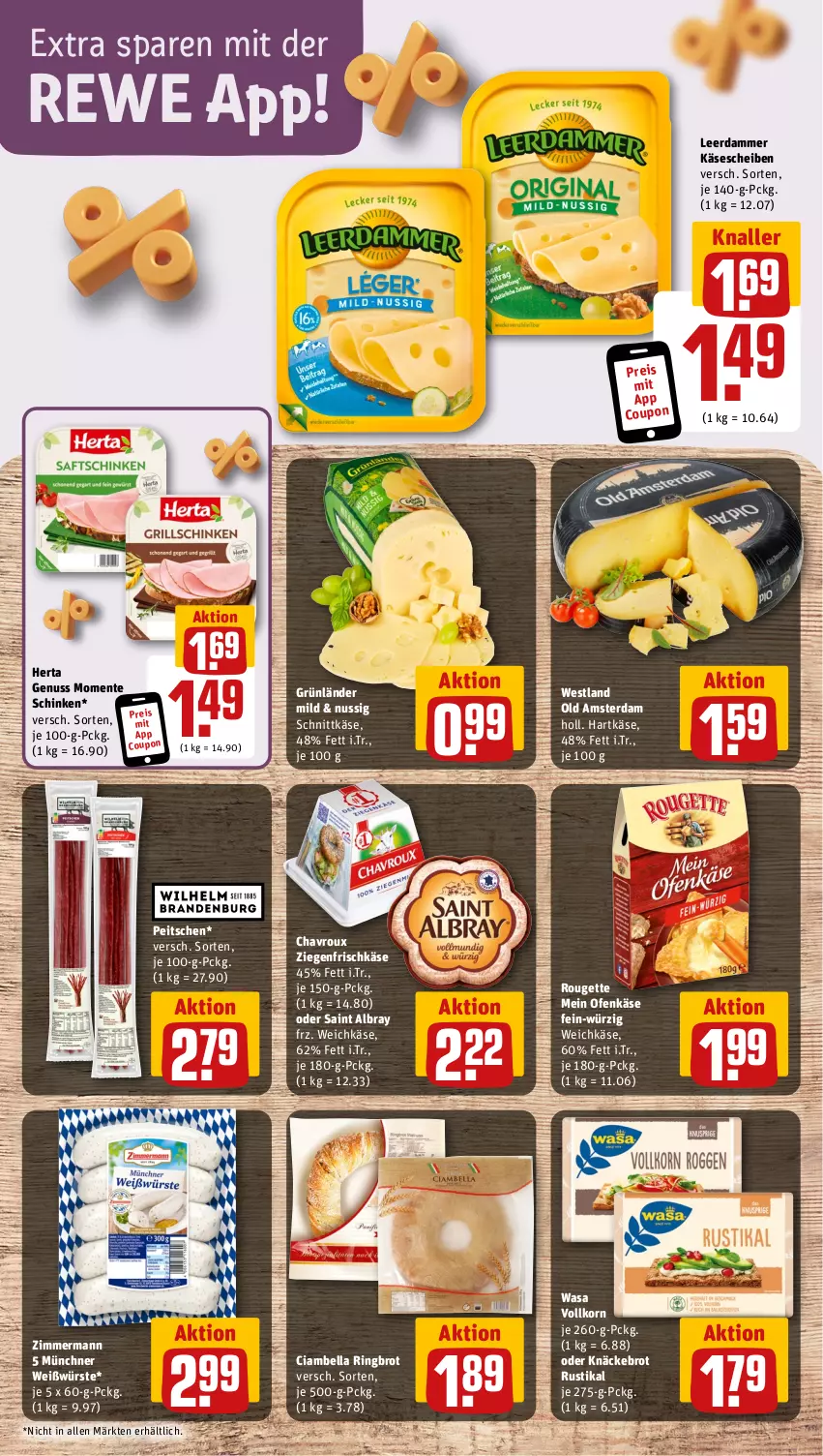 Aktueller Prospekt Rewe - Prospekte - von 28.10 bis 02.11.2024 - strona 7 - produkty: albray, brot, chavroux, coupon, eis, ente, frischkäse, grünländer, hartkäse, herta, Käse, käsescheiben, knäckebrot, korn, leerdammer, nuss, Ofen, Ofenkäse, Old Amsterdam, reis, ring, rouge, rougette, saint albray, schinken, schnittkäse, Ti, wasa, weichkäse, ziegenfrischkäse