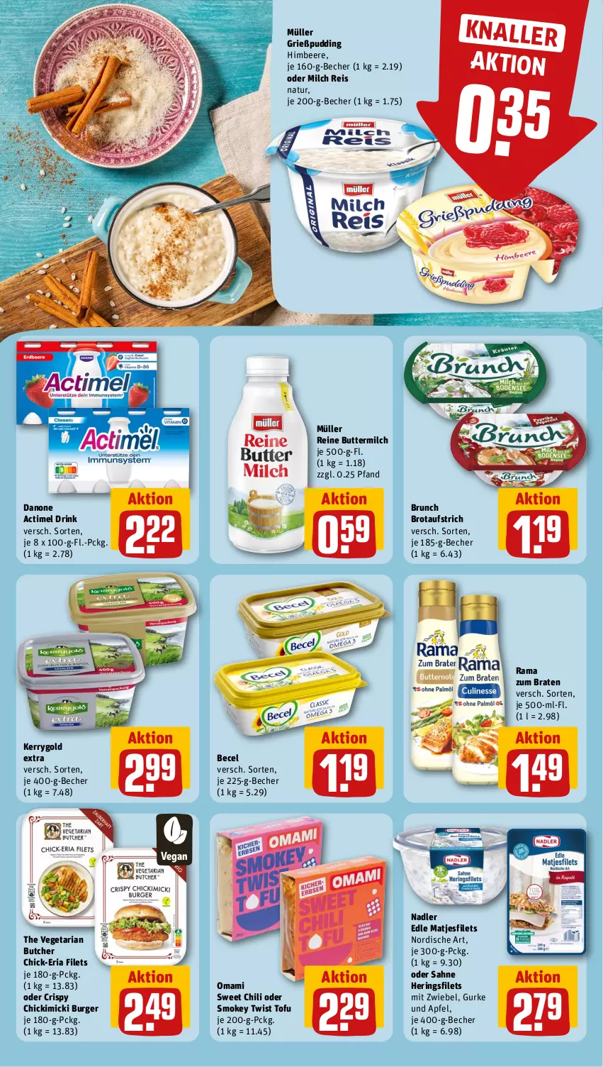 Aktueller Prospekt Rewe - Prospekte - von 28.10 bis 02.11.2024 - strona 8 - produkty: actimel, actimel drink, apfel, aufstrich, becel, Becher, beere, braten, brot, brotaufstrich, burger, butter, buttermilch, chili, danone, danone actimel drink, drink, eis, filet, filets, Grießpudding, gurke, hering, Herings, heringsfilets, himbeer, himbeere, kerrygold, kerrygold extra, mam, matjes, Matjesfilet, matjesfilets, milch, Müller, nadler, natur, pudding, rama, reine buttermilch, reis, Ria, ring, sahne, The Vegetarian Butcher, Ti, Tofu, Vegeta, zwiebel