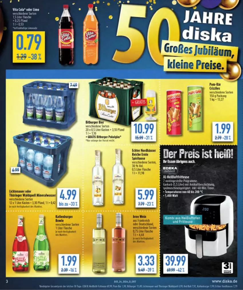 Aktueller Prospekt Diska - von 10.06 bis 15.06.2024 - strona 5 - produkty: auer, bier, bitburger, burger, cola, eis, elle, flasche, fritteuse, Heißluftfritteuse, LG, limo, limonade, Loewe, reis, spülmaschinen, tee, Ti, timer, vita, Vita C, ZTE