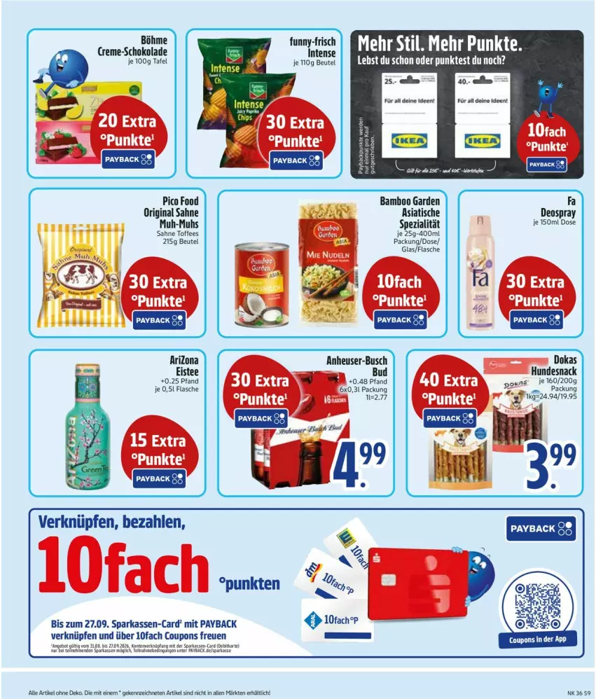 Aktueller Prospekt Edeka - Prospekte - von 31.08 bis 05.09.2026 - strona 11 - produkty: bamboo, beutel, coupon, coupons, creme, deo, deospray, eis, eistee, flasche, funny-frisch, gin, Heu, hundesnack, Parka, payback, sahne, schoko, schokolade, snack, Spezi, tee, Ti, tisch