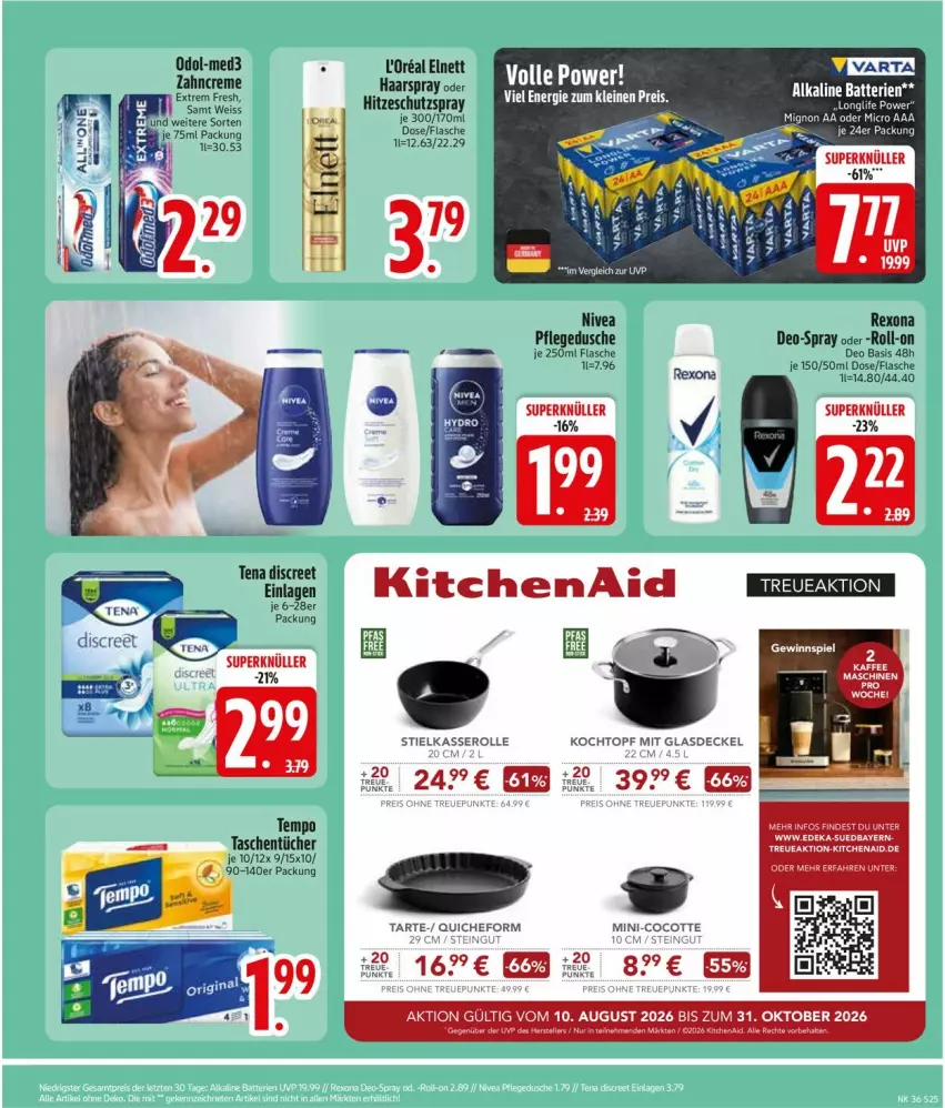 Aktueller Prospekt Edeka - Prospekte - von 31.08 bis 05.09.2026 - strona 27 - produkty: creme, decke, Deckel, deka, deo, Discreet, dusche, eis, elnett, flasche, Glasdeckel, haarspray, KitchenAid, Kochtopf, nivea, Odol, pflegedusche, Quiche, rexona, roll-on, stielkasserolle, Tasche, taschen, taschentücher, Tempo, Ti, topf, tücher, varta, zahncreme