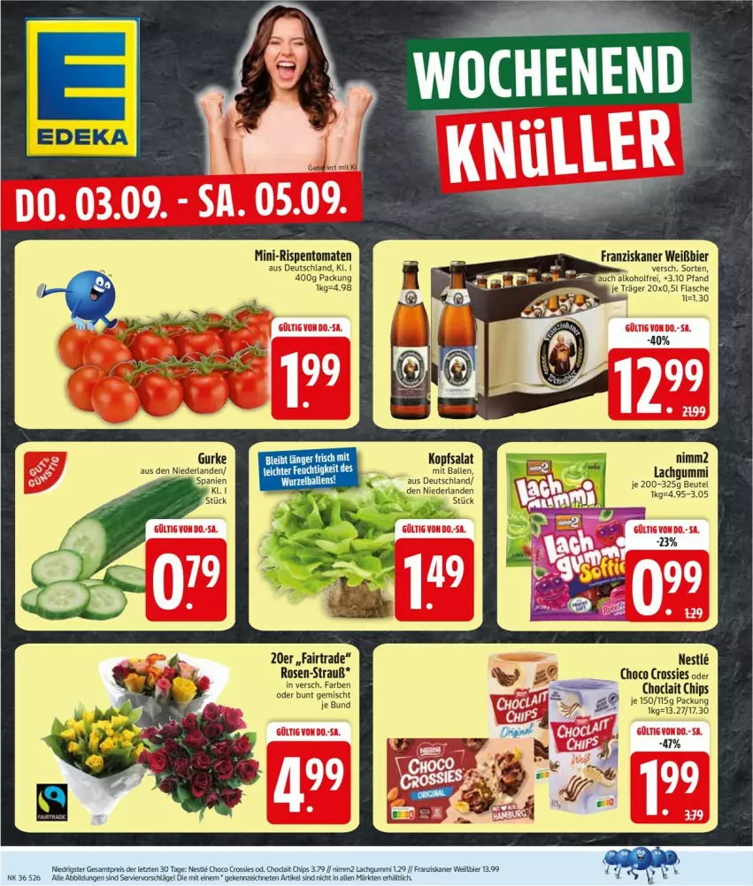Aktueller Prospekt Edeka - Prospekte - von 31.08 bis 05.09.2026 - strona 30 - produkty: alkohol, ball, beutel, bier, chips, choclait chips, choco crossies, crossies, eis, flasche, franziskaner, gurke, kopfsalat, lachgummi, mini-rispentomaten, nimm2, reis, rispentomaten, rosen, salat, tee, Ti, tomate, tomaten, ZTE