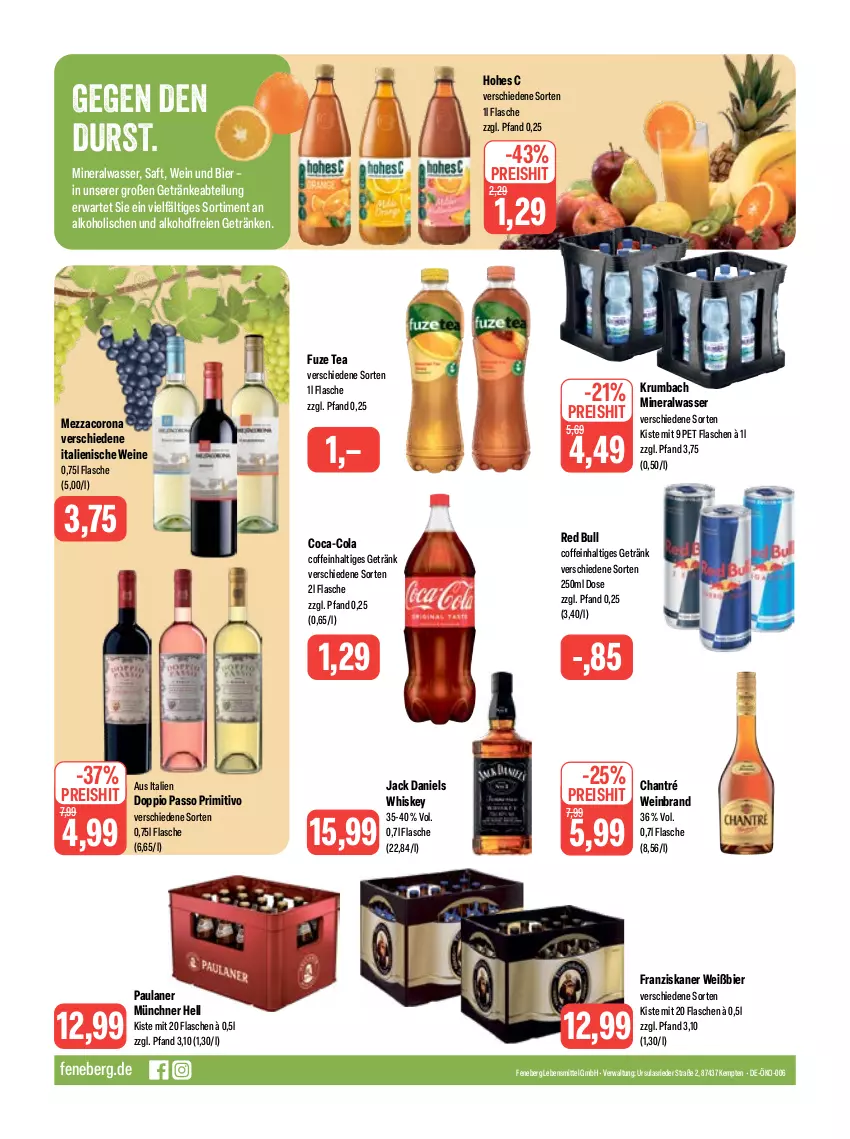 Aktueller Prospekt Feneberg - Prospekte - von 04.05 bis 06.05.2023 - strona 16 - produkty: Abtei, alkohol, Alwa, bier, chantré, coca-cola, coffein, cola, corona, doppio passo, eis, flasche, franziskaner, fuze tea, getränk, getränke, Hohes C, jack daniel, jack daniels, krumbach, lebensmittel, mezzacorona, mineralwasser, passo, Paula, paulaner, primitivo, red bull, reis, rum, saft, Ti, wasser, wein, weinbrand, weine, whiskey