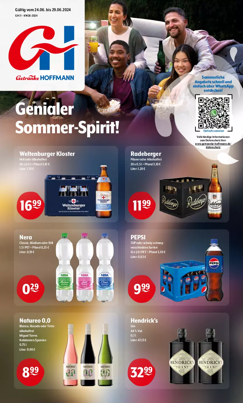 Aktueller Prospekt Getraenke Hoffmann - Prospekte - von 24.06 bis 29.06.2024 - strona 1 - produkty: 7UP, alkohol, angebot, angebote, Berger, burger, decke, gin, merl, natur, pepsi, pils, pilsner, radeberger, Schwip Schwap, Ti