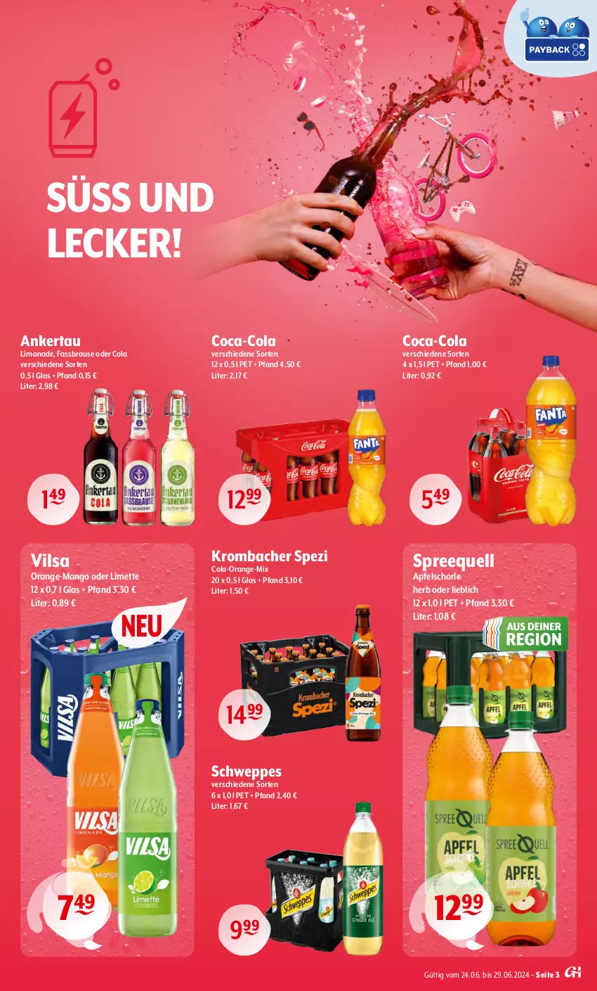 Aktueller Prospekt Getraenke Hoffmann - Prospekte - von 24.06 bis 29.06.2024 - strona 3 - produkty: apfel, Apfelschorle, brause, coca-cola, cola, fassbrause, krombache, krombacher, limette, limo, limonade, mango, Mett, orange, schorle, schweppes, Spezi, Spreequell, Ti, vilsa