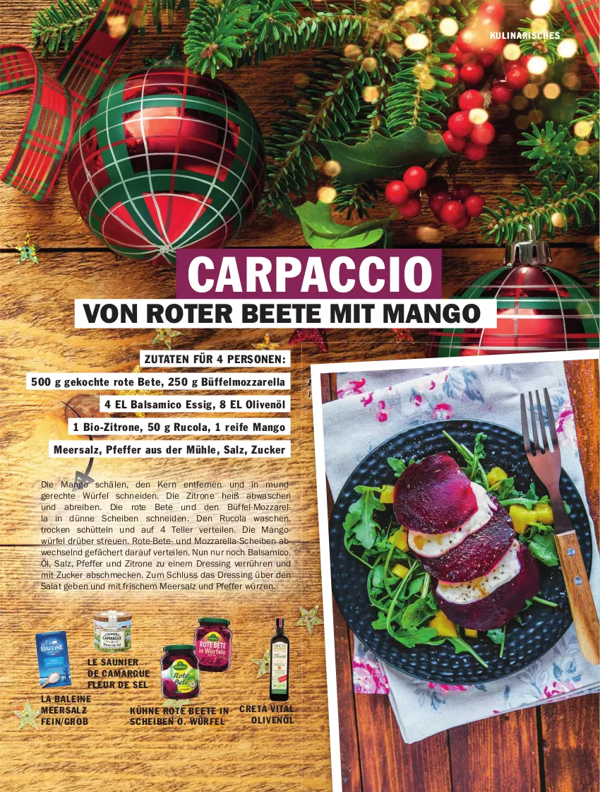 Aktueller Prospekt Hit - pures Leben - von 01.10 bis 31.12.2025 - strona 21 - produkty: ACC, balsam, balsamico, Balsamico Essig, bio, Brei, camargue, Carpaccio, cola, creta vital, dressing, elle, essig, Kühne, leine, mango, meersalz, mozzarella, olive, oliven, olivenöl, pfeffer, rel, rote bete, rucola, rwe, salat, salz, teller, Ti, vita, würfel, zitrone, zucker