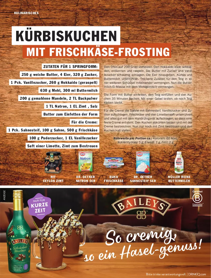 Aktueller Prospekt Hit - pures Leben - von 01.10 bis 31.12.2025 - strona 24 - produkty: Buko, butter, buttermilch, creme, dr oetker, Dr. Oetker, eier, elle, frischkäse, gabel, Käse, kuchen, Kürbis, LG, limette, limetten, mandel, mandeln, mehl, Mett, metten, milch, Müller, Ofen, ring, rwe, saft, sahne, sahnesteif, salz, schüssel, Springform, Ti, vanille, zucker