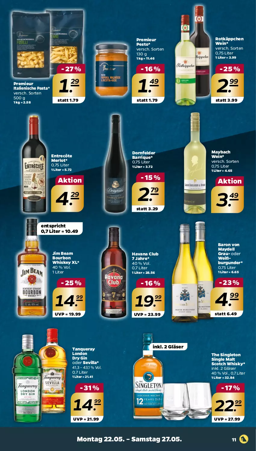 Aktueller Prospekt Netto - Woche 21 - von 22.05 bis 27.05.2023 - strona 11 - produkty: bourbon, bourbon whiskey, burgunder, dell, dornfelder, dry gin, entrecôte, gin, Gläser, Havana Club, italienische pasta, jim beam, london dry, london dry gin, maybach, merl, merlot, pasta, pesto, rotkäppchen, scotch, scotch whisky, single malt, Tanqueray, Ti, wein, Weißburgunder, whiskey, whisky