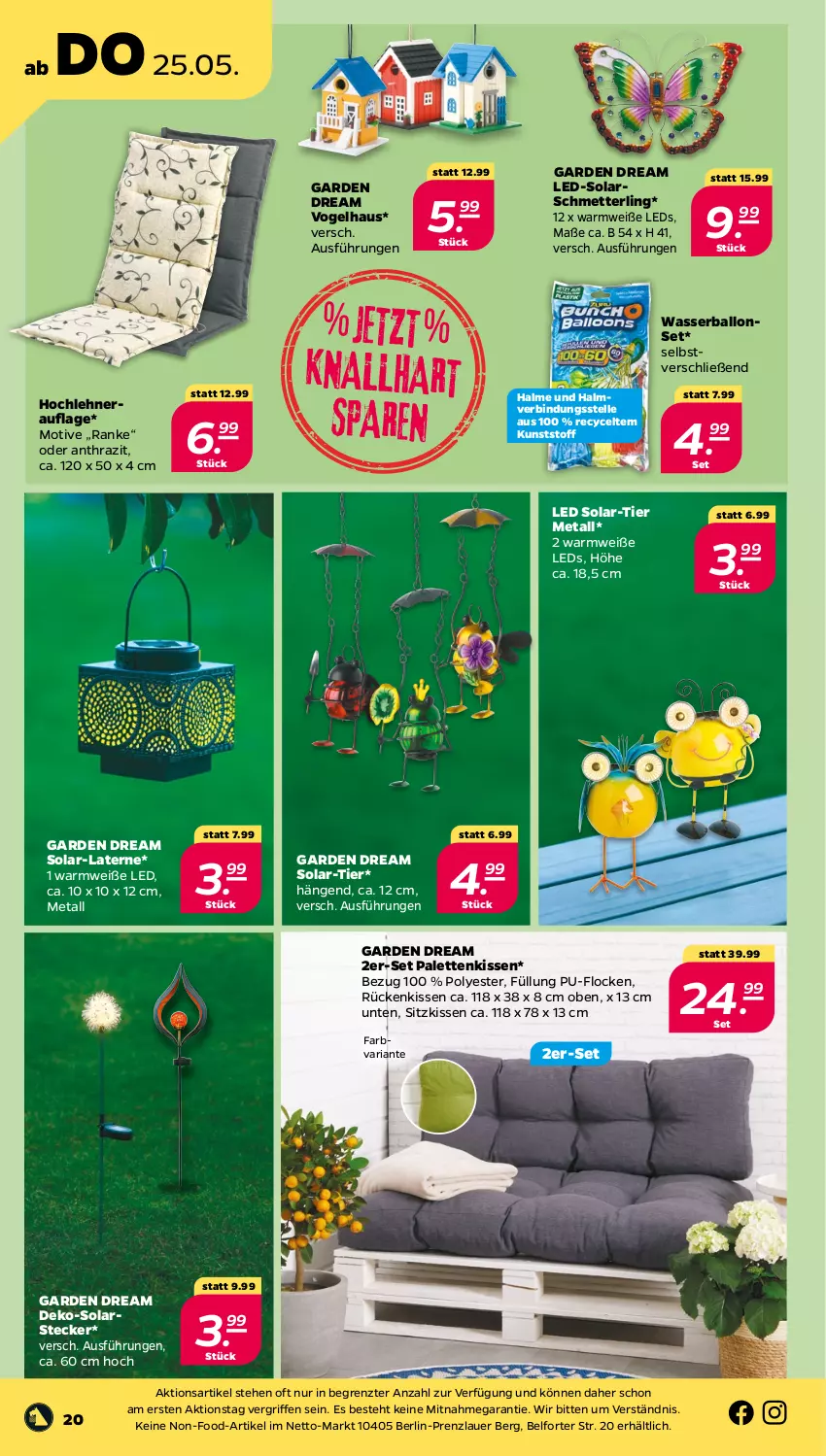 Aktueller Prospekt Netto - Woche 21 - von 22.05 bis 27.05.2023 - strona 20 - produkty: auer, ball, elle, kissen, laterne, leds, Mett, Palette, Palettenkissen, Ria, Rückenkissen, Schmetterling, sitzkissen, Ti, wasser, Wasserball, Wasserballons, ZTE