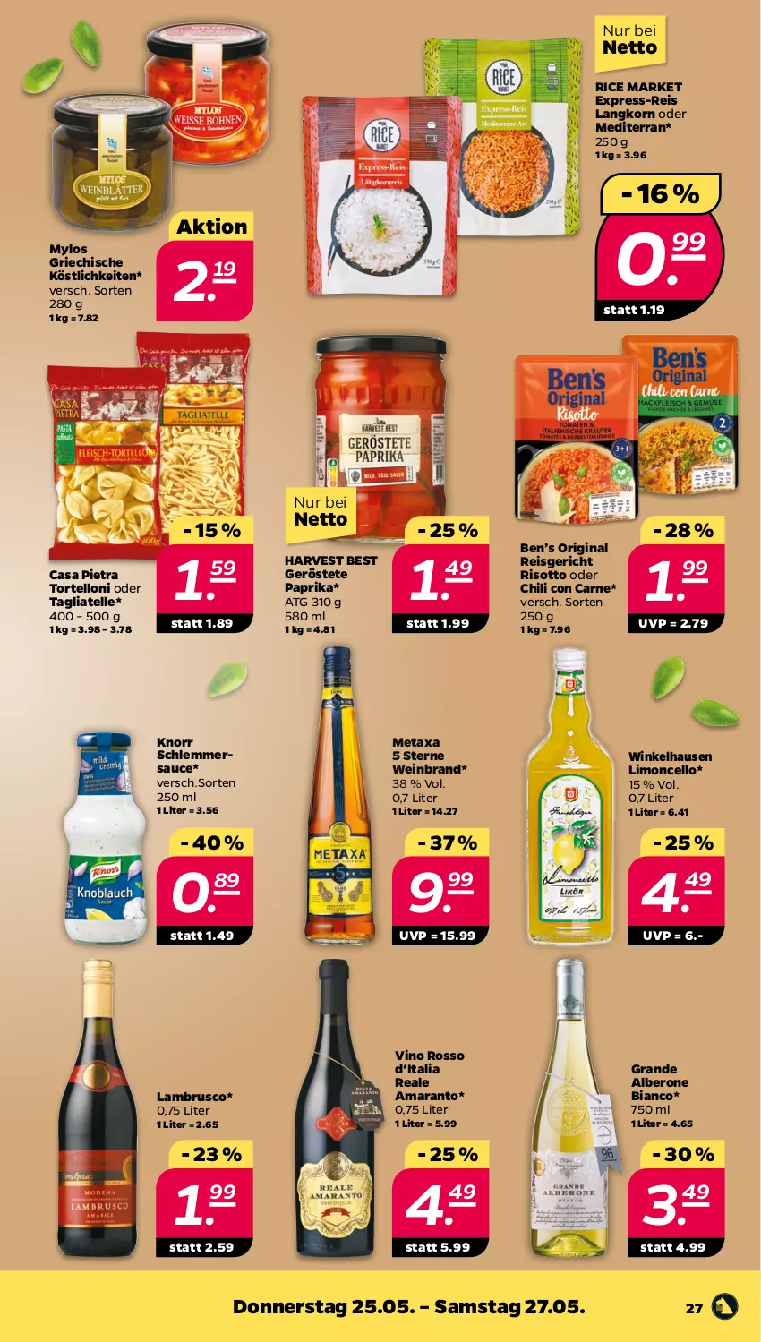 Aktueller Prospekt Netto - Woche 21 - von 22.05 bis 27.05.2023 - strona 27 - produkty: Ben’s Original, chili, eis, elle, express-reis, gin, knorr, korn, Lambrusco, limo, Metaxa, paprika, reis, risotto, sauce, schlemmersauce, tagliatelle, Ti, torte, tortelloni, wein, weinbrand, winkelhausen