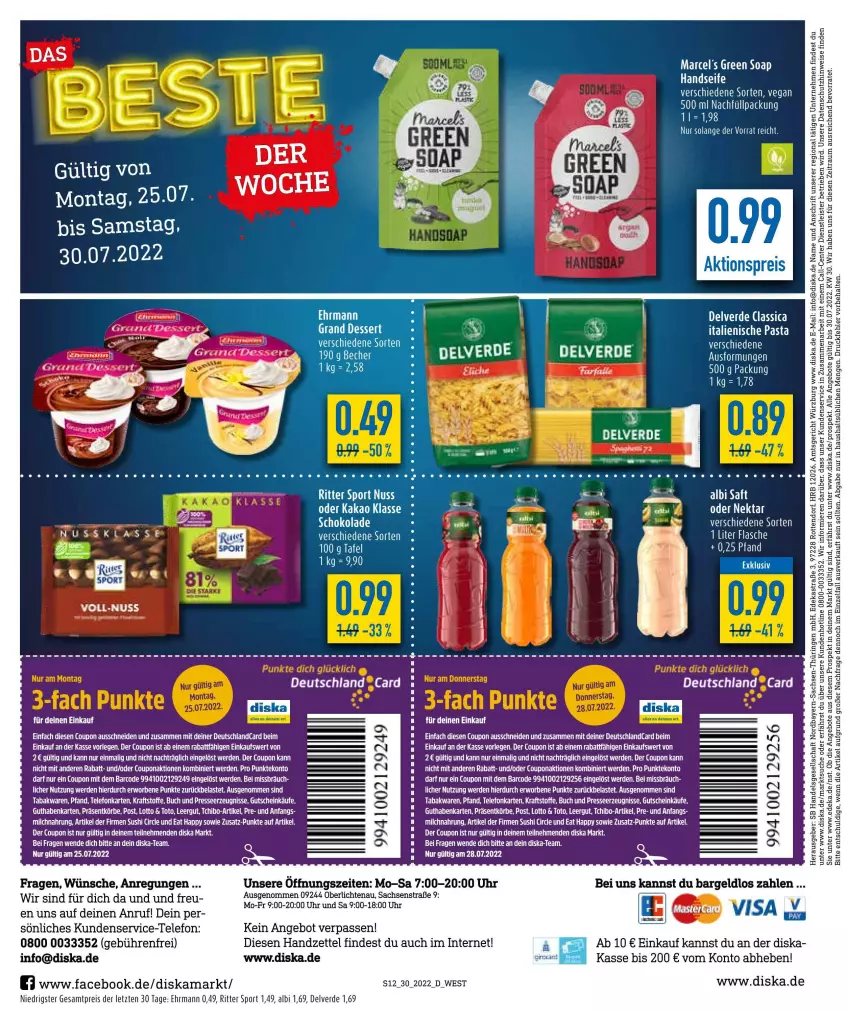 Aktueller Prospekt Diska - Prospekte - von 25.07 bis 30.07.2022 - strona 12 - produkty: angebot, angebote, Astra, coupon, deka, ehrmann, eis, ente, erde, guthabenkarte, Handseife, italienische pasta, kakao, milch, nuss, pasta, reis, ring, ritter, ritter sport, sac, schoko, schokolade, Seife, Sport, Sushi, Tchibo, tee, telefon, Ti, uhr, ZTE