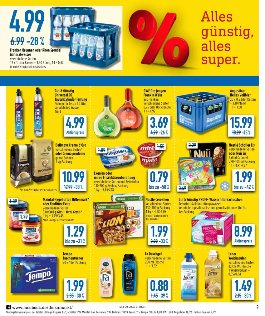 Aktueller Prospekt Diska - Prospekte - von 25.07 bis 30.07.2022 - strona 2 - produkty: aktionspreis, Alwa, Becher, beutel, bier, bohne, bohnen, brunnen, caramel, cerealien, dallmayr, duschgel, eis, elle, exquisa, fa duschgel, filterkartuschen, flasche, franken brunnen, frischkäse, frischkäsezubereitung, gsw, Käse, konfitüre, konfitüre extra, lenor, lenor weichspüler, mac, mineralwasser, miree, nuii, prodomo, reis, Schöller, Sprudel, Tasche, taschen, taschentücher, Tempo, Ti, tücher, wasser, wasserfilter, weichspüler, wein, ZTE