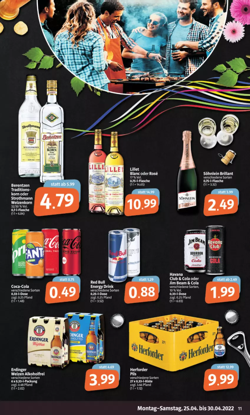 Aktueller Prospekt Markant - Prospekte - von 25.04 bis 30.04.2022 - strona 11 - produkty: alkohol, berentzen, bett, bourbon, cola, ente, erdinger, jim beam, korn, lillet, tee, Yo