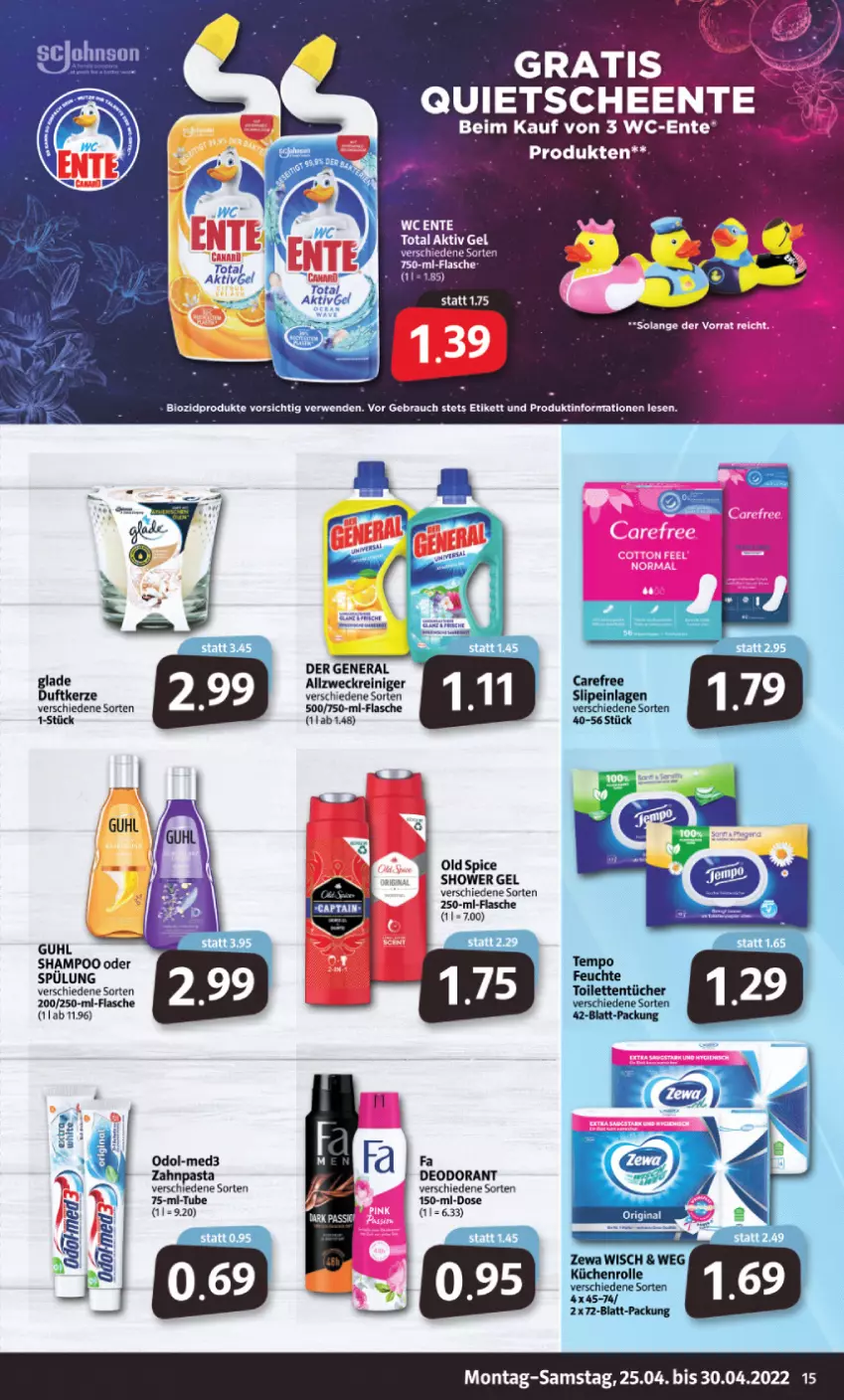 Aktueller Prospekt Markant - Prospekte - von 25.04 bis 30.04.2022 - strona 15 - produkty: allzweckreiniger, deo, deodorant, Duftkerze, ente, flasche, Glade, Guhl, kerze, Odol, pasta, reiniger, shampoo, shampoo oder spülung, spülung, Ti, wc ente, weck, zahnpasta