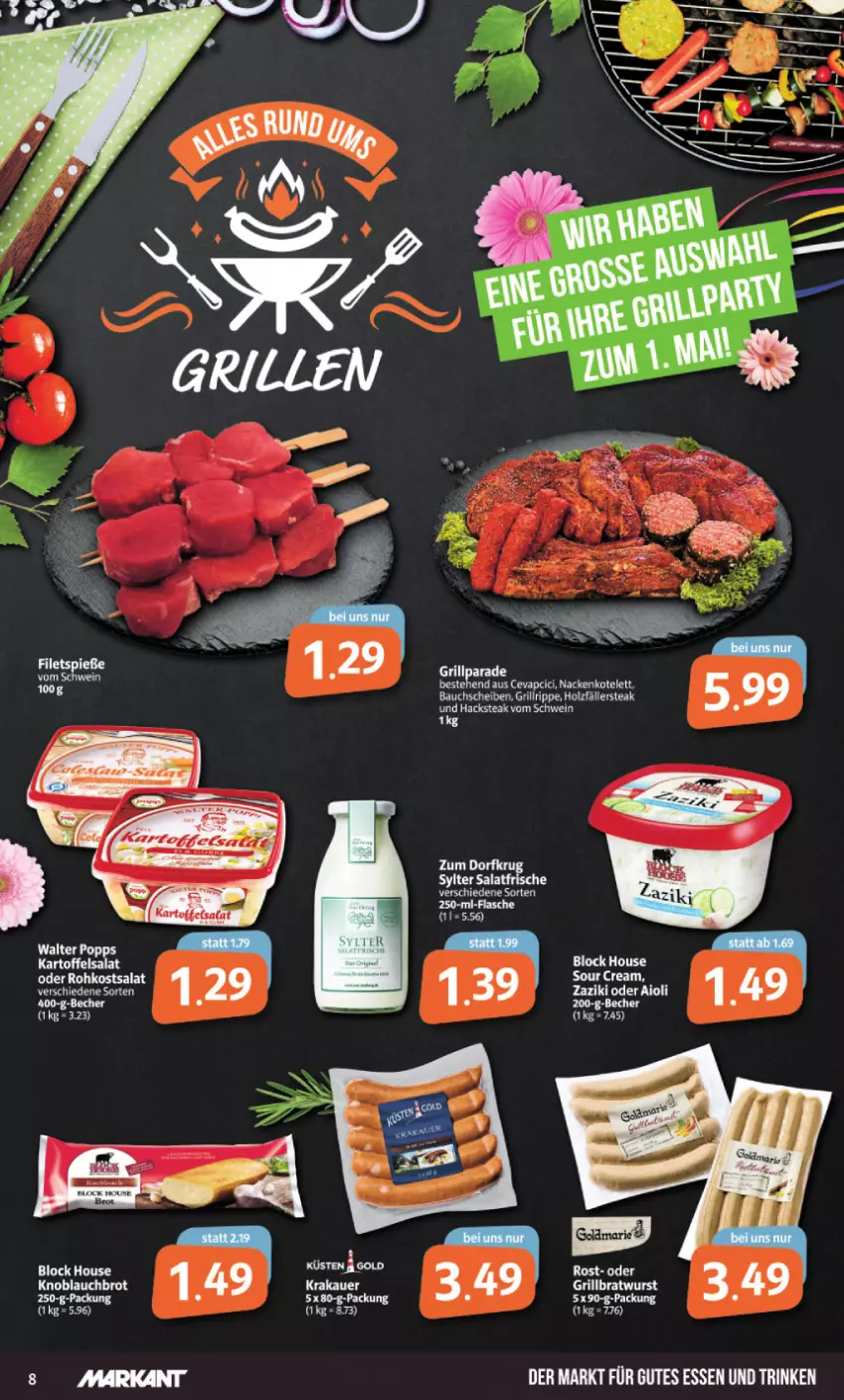 Aktueller Prospekt Markant - Prospekte - von 25.04 bis 30.04.2022 - strona 8 - produkty: Bau, bauchscheiben, brot, grill, grillrippe, gutes essen, Holz, knoblauch, kotelett, Popp, schwein, steak, tee, Ti, wein