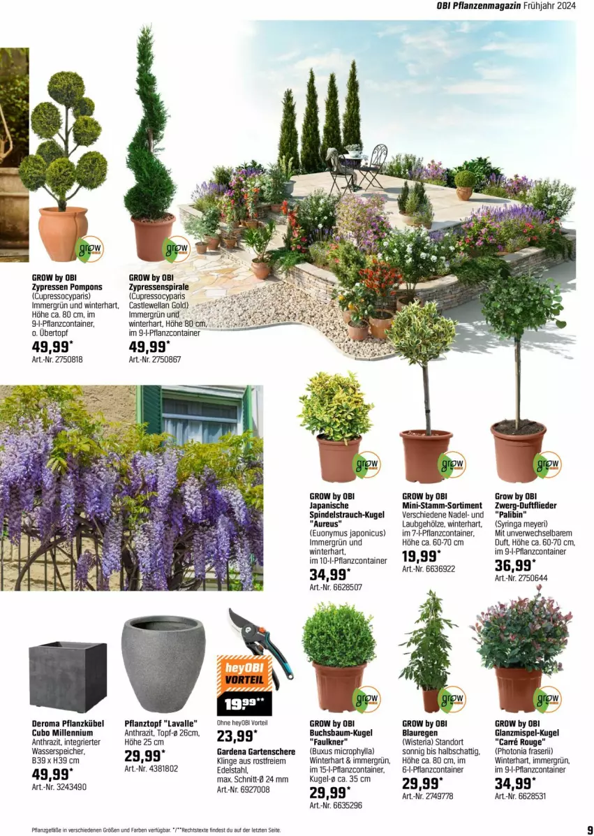 Aktueller Prospekt Obi - Prospekte - von 24.03 bis 14.04.2024 - strona 9 - produkty: Bau, buch, Container, edelstahl, flieder, gardena, Garten, Gartenschere, Kugel, magazin, pflanze, pflanzen, Pflanztopf, Rauch, Ria, rouge, Schere, Ti, topf, übertopf, wasser, Wella, Yo, ZTE