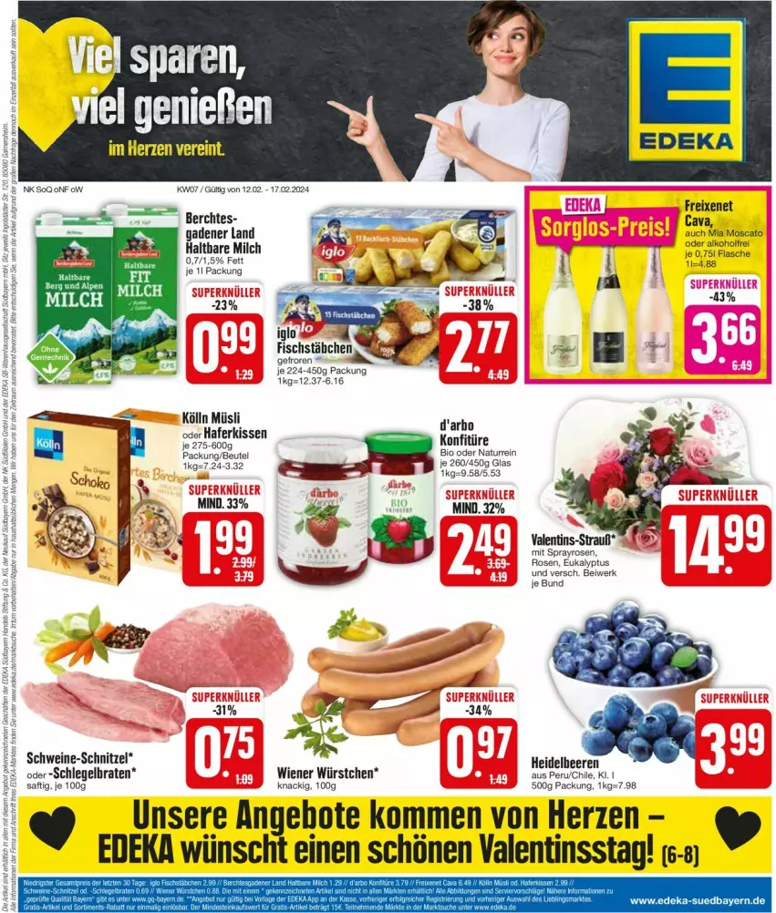 Aktueller Prospekt Edeka - Prospekte - von 12.02 bis 17.02.2024 - strona 1 - produkty: angebot, angebote, beutel, braten, Cava, deka, fisch, fischstäbchen, freixenet, hafer, haltbare milch, kissen, kölln, konfitüre, milch, müsli, natur, rosen, saft, schnitzel, schwein, schweine, schweine-schnitzel, Ti, wein, weine, wiener, wiener würstchen, würstchen