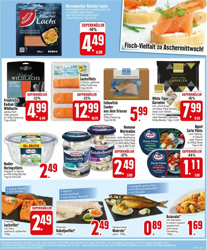 Aktueller Prospekt Edeka - Prospekte - von 12.02 bis 17.02.2024 - strona 11 - produkty: auer, Becher, beutel, bismarck, creme, filet, filets, fisch, followfish, Fondue, garnelen, grill, hering, Herings, heringsfilets, homann, ideal zum grillen, kabeljaufilet, lachs, lachsfilet, lachsfilets, Makrele, marinade, rel, ring, salat, sauce, Schal, Schale, Ti, tisch, Zander