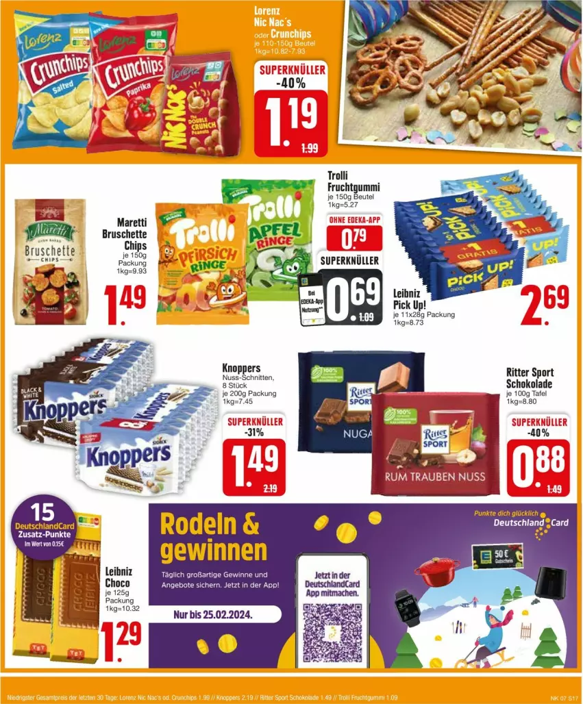 Aktueller Prospekt Edeka - Prospekte - von 12.02 bis 17.02.2024 - strona 17 - produkty: angebot, angebote, beutel, Bruschette, chips, frucht, fruchtgummi, knoppers, leibniz, Pick Up!, ritter, ritter sport, schnitten, schoko, schokolade, Sport, Ti, trolli, trolli fruchtgummi