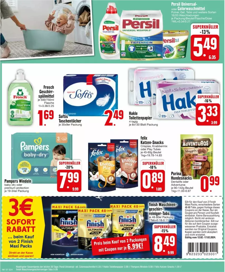 Aktueller Prospekt Edeka - Prospekte - von 12.02 bis 17.02.2024 - strona 24 - produkty: adventuros, baby-dry, beutel, coupon, coupons, eis, erde, felix, Finish, Frosch, geschirr, gin, hundesnack, hundesnacks, pampers, reis, snack, snacks, spülmittel, Tasche, taschen, taschentücher, Ti, tücher, windeln