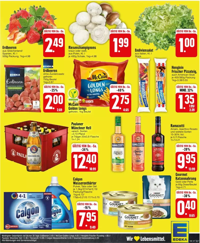 Aktueller Prospekt Edeka - Prospekte - von 12.02 bis 17.02.2024 - strona 27 - produkty: amaro, aperitivo rosato, beere, beeren, beutel, braun, calgon, champignon, champignons, champignons braun, erdbeere, erdbeeren, flasche, Golden Longs, katzennahrung, LG, mccain, Paula, paulaner, pizza, Pizzateig, rama, rosato, salat, Schal, Schale, Ti, wasser, wasserenthärter, zott, zucker