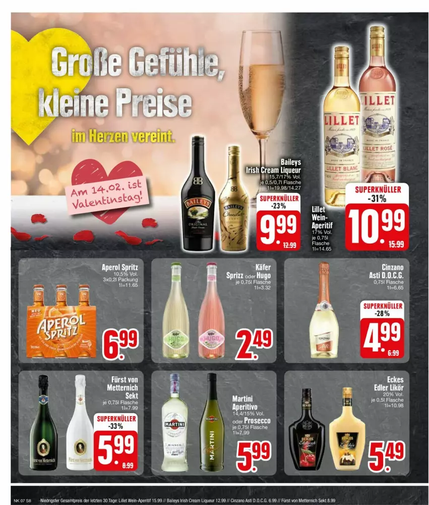 Aktueller Prospekt Edeka - Prospekte - von 12.02 bis 17.02.2024 - strona 8 - produkty: aperitif, asti, baileys, ball, cin, cinzano, Cinzano Asti, ecco, eis, flasche, fürst von metternich, irish cream, likör, lillet, liqueur, martini, Mett, metternich, prosecco, reis, sekt, tee, Ti, wein, ZTE