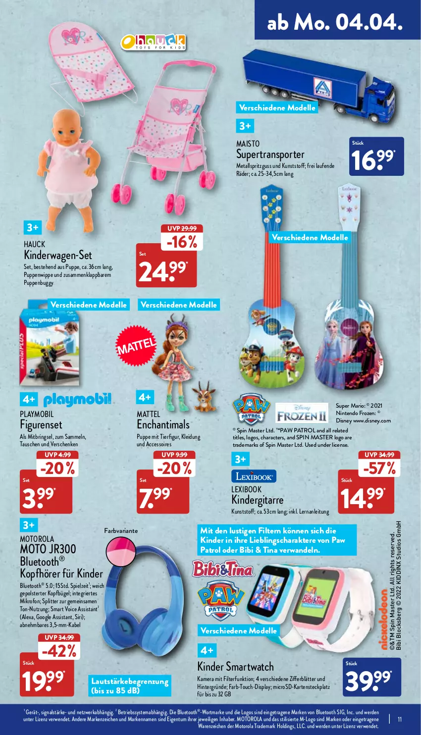 Aktueller Prospekt Aldi Nord - Aldi-Aktuell - von 04.04 bis 09.04.2022 - strona 11 - produkty: ACC, accessoires, alexa, Betriebssystem, bügel, Buggy, dell, disney, elle, erde, kamera, Kinder, Kinderwagen, kleid, Kleidung, kopfhörer, Laufen, Lusti, mab, mais, Mattel, microsd, Mode, motorola, nintendo, Paw Patrol, playmobil, Puppe, rel, Ria, ring, rwe, Signal, smartwatch, Sport, Ti