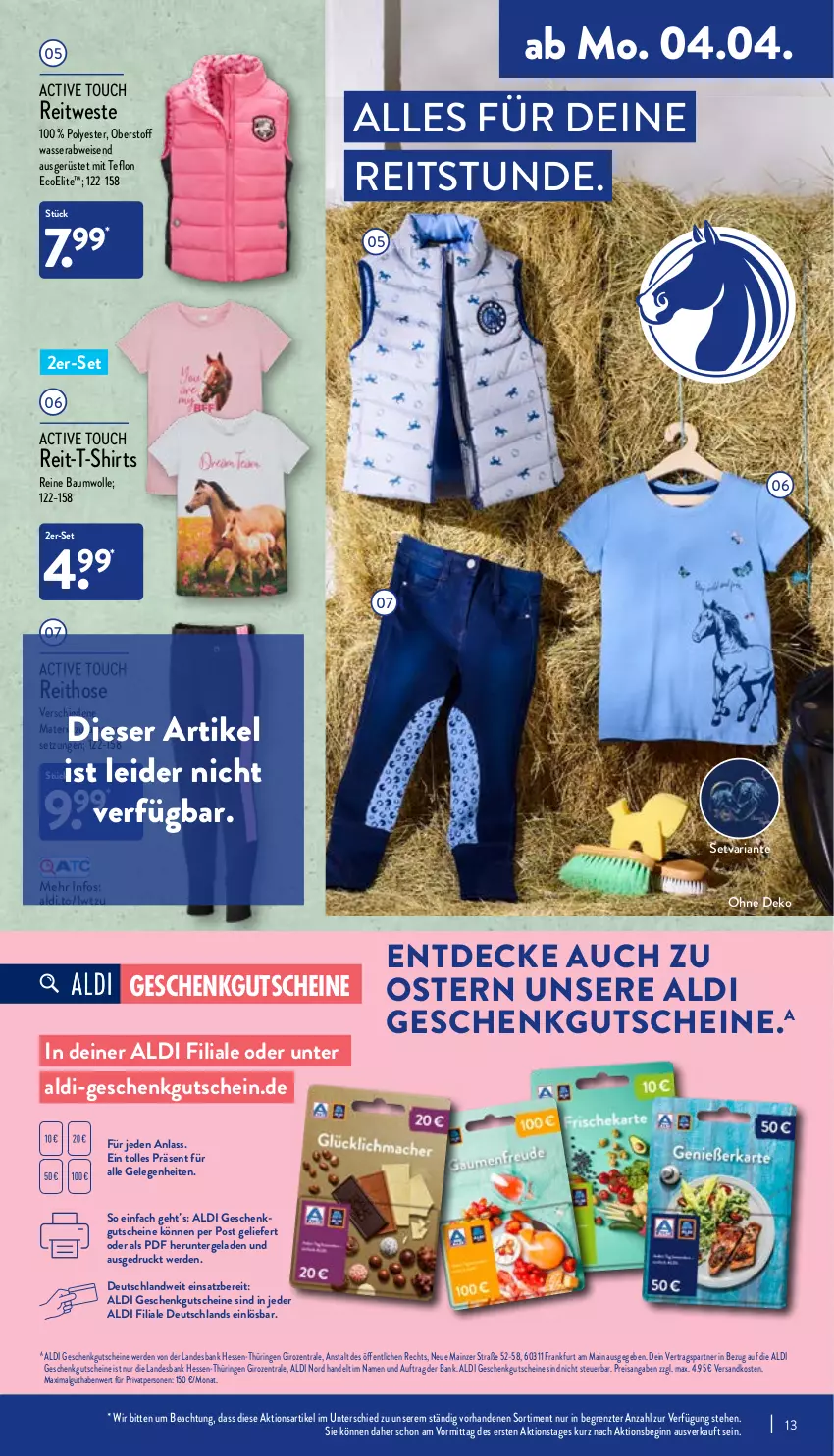 Aktueller Prospekt Aldi Nord - Aldi-Aktuell - von 04.04 bis 09.04.2022 - strona 13 - produkty: active touch, aldi, Bank, Bau, baumwolle, decke, eis, erde, gin, gutschein, gutscheine, hose, LG, ndk, reine baumwolle, reis, Ria, ring, shirt, shirts, T-Shirt, Ti, wasser, Weste, wolle, ZTE