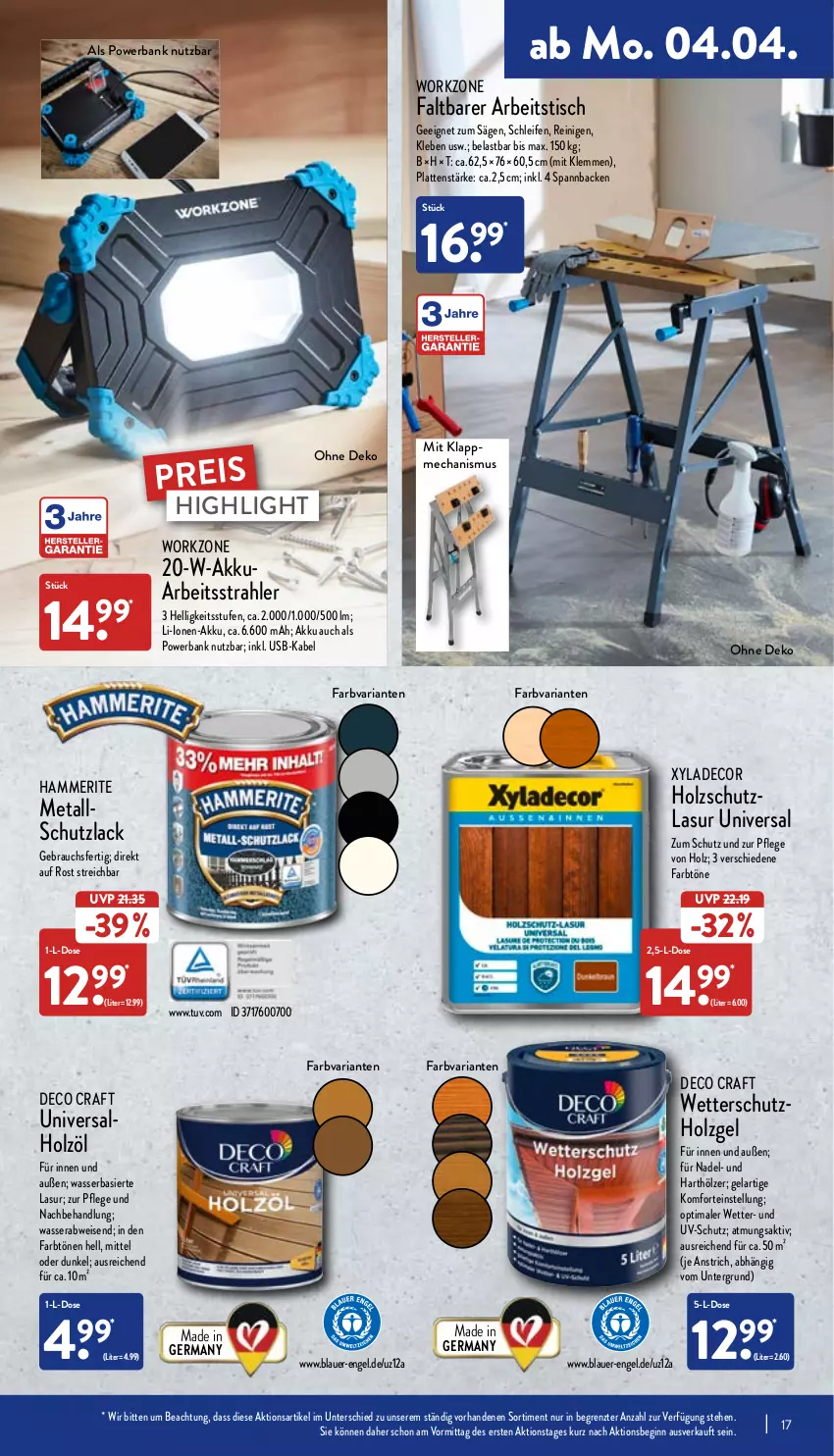 Aktueller Prospekt Aldi Nord - Aldi-Aktuell - von 04.04 bis 09.04.2022 - strona 17 - produkty: akku, auer, Bank, decor, eis, Engel, Germ, gin, Holz, holzschutz, lack, latte, Metallschutzlack, powerbank, Rauch, reis, Ria, säge, Ti, tisch, usb, uv-schutz, wasser, ZTE