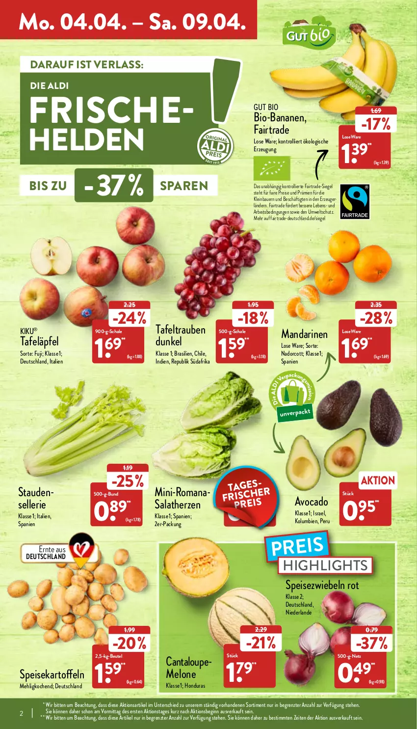 Aktueller Prospekt Aldi Nord - Aldi-Aktuell - von 04.04 bis 09.04.2022 - strona 2 - produkty: aldi, auer, avocado, banane, bananen, Bau, Bauer, beutel, bio, bio-bananen, eis, elle, gin, kartoffel, kartoffeln, mandarine, mandarinen, mehl, melone, reis, Romanasalat, salat, salatherzen, Schal, Schale, speisekartoffeln, Speisezwiebeln, stauden, tafeläpfel, tafeltrauben, Ti, trauben, trolli, ZTE, zwiebel, zwiebeln