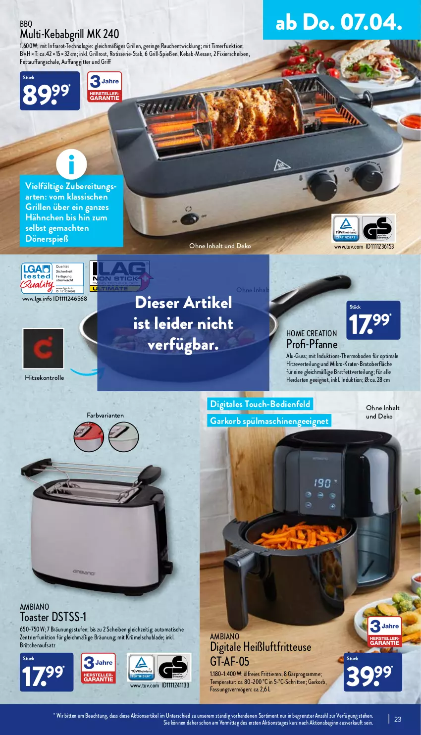 Aktueller Prospekt Aldi Nord - Aldi-Aktuell - von 04.04 bis 09.04.2022 - strona 23 - produkty: ambia, auto, brötchen, brötchenaufsatz, fritteuse, gin, grill, grillrost, Heißluftfritteuse, herdarten, korb, LG, mac, messer, pfanne, Rauch, Ria, ring, Schal, Schale, spülmaschinen, Ti, Tiere, timer, tisch, toast, toaster, WICK, ZTE