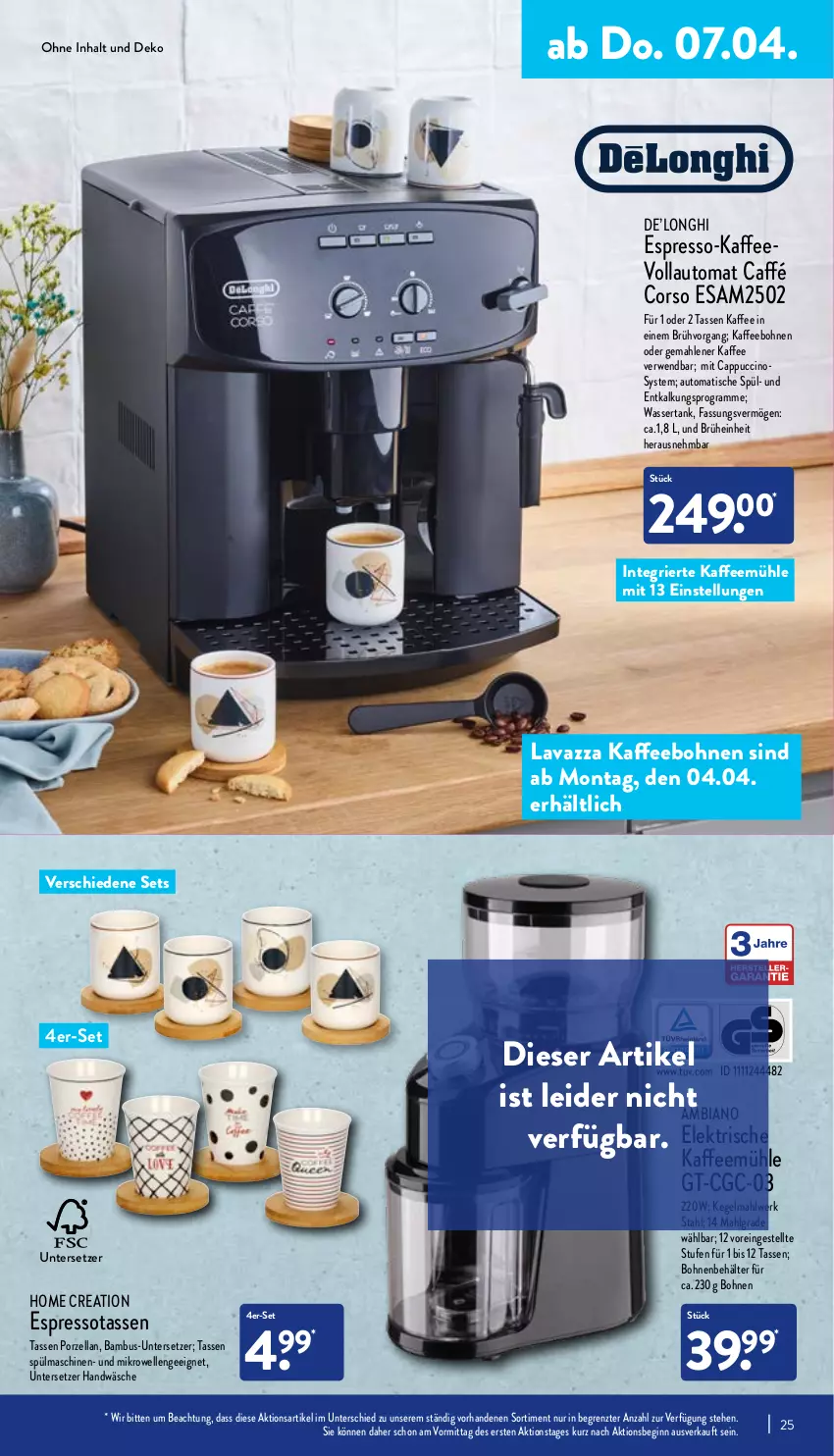 Aktueller Prospekt Aldi Nord - Aldi-Aktuell - von 04.04 bis 09.04.2022 - strona 25 - produkty: ambia, auto, bambus, Behälter, bohne, bohnen, Brühe, Cap, cappuccino, cin, elle, espresso, gin, kaffee, kaffeebohnen, Kaffeemühle, kaffeevollautomat, lavazza, LG, mikrowelle, rwe, spülmaschinen, tasse, Ti, tisch, Untersetzer, wasser, wassertank, ZTE