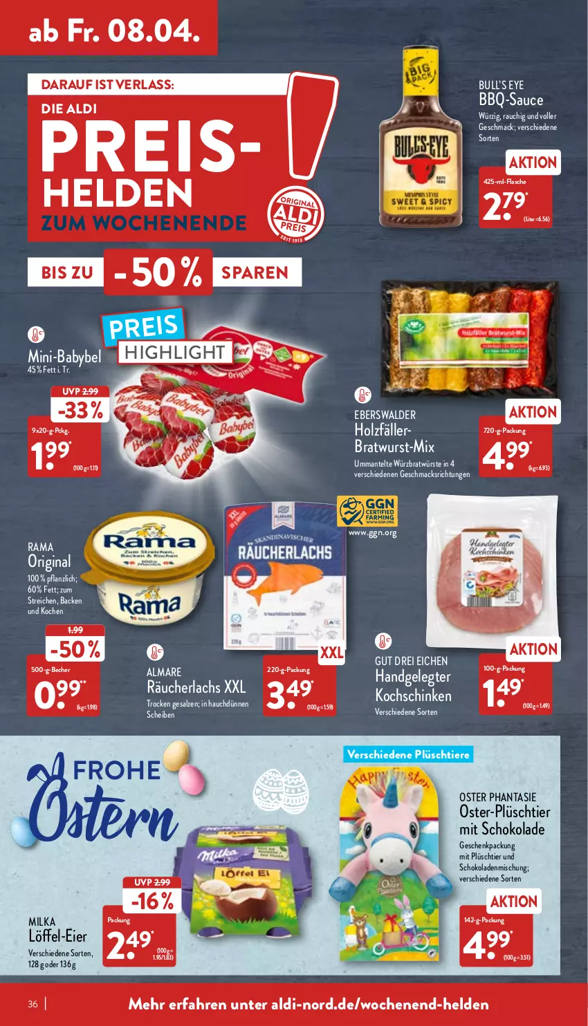 Aktueller Prospekt Aldi Nord - Aldi-Aktuell - von 04.04 bis 09.04.2022 - strona 36 - produkty: aldi, almare, babybel, bbq-sauce, Becher, bratwurst, eier, eis, flasche, geschenkpackung, gin, Holz, kochschinken, lachs, Löffel, mac, Mantel, milka, Plüsch, rama, Rauch, Räucherlachs, reis, salz, sauce, schinken, schoko, schokolade, schokoladen, Ti, Tiere, wurst