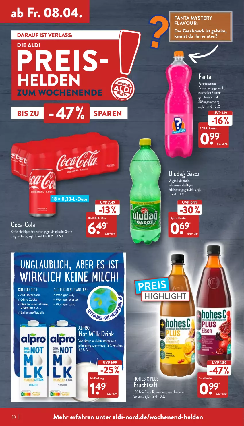 Aktueller Prospekt Aldi Nord - Aldi-Aktuell - von 04.04 bis 09.04.2022 - strona 38 - produkty: aldi, alpro, coca-cola, cola, drink, eis, erfrischungsgetränk, fanta, flasche, frucht, fruchtsaft, getränk, gin, Hohes C, mac, natur, reis, saft, Ti, tisch, zucker