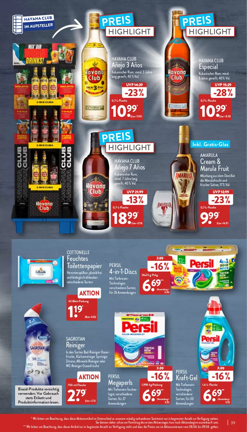 Aktueller Prospekt Aldi Nord - Aldi-Aktuell - von 04.04 bis 09.04.2022 - strona 39 - produkty: Abba, amarula, asti, Bad, Bad-Reiniger, Bau, bio, cottonelle, eis, elle, flasche, frucht, gin, Havana Club, kraft, küche, Küchen, megaperls, papier, persil, Rauch, reiniger, reis, rum, rwe, sagrotan, sahne, teller, Ti, toilettenpapier, wc-reiniger, weck, zitrone, ZTE