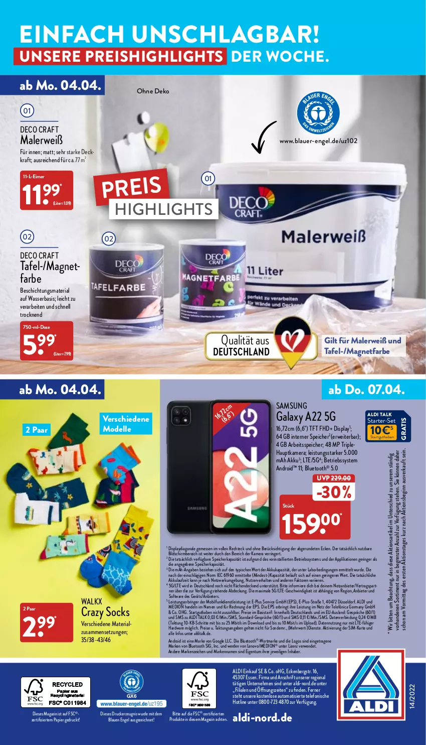 Aktueller Prospekt Aldi Nord - Aldi-Aktuell - von 04.04 bis 09.04.2022 - strona 40 - produkty: akku, aldi, aldi talk, auer, auto, Betriebssystem, decke, dell, drucker, eimer, eis, elle, Engel, erde, Germ, gin, hardware, hauptkamera, kamera, kerze, kraft, lenovo, magazin, medion, Mode, papier, reis, Ria, ring, rwe, Samsung, sim, Software, telefon, Ti, walkx, wasser, ZTE