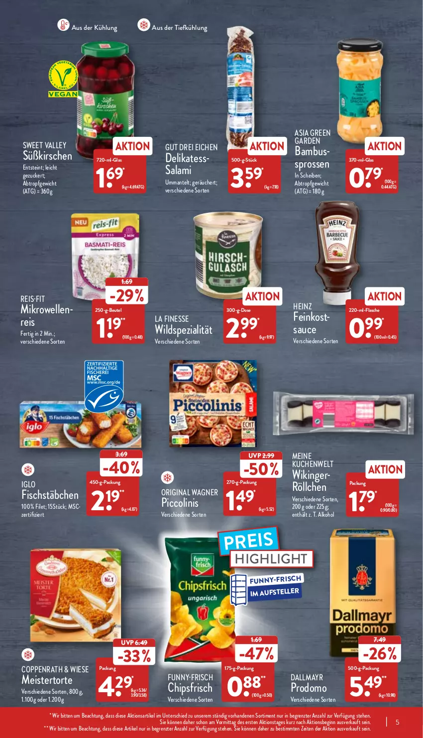 Aktueller Prospekt Aldi Nord - Aldi-Aktuell - von 04.04 bis 09.04.2022 - strona 5 - produkty: alkohol, Asia Green Garden, aus der tiefkühlung, bambus, beutel, chips, chipsfrisch, coppenrath, dallmayr, dallmayr prodomo, eis, elle, feinkost, filet, finesse, fisch, fischstäbchen, flasche, funny-frisch, gin, heinz, iglo, kirsch, kirsche, kirschen, kuchen, Mantel, Meister, mikrowelle, original wagner, piccolinis, prodomo, reis, reis-fit, salami, sauce, Spezi, teller, Ti, torte, wagner, Wild, ZTE, zucker