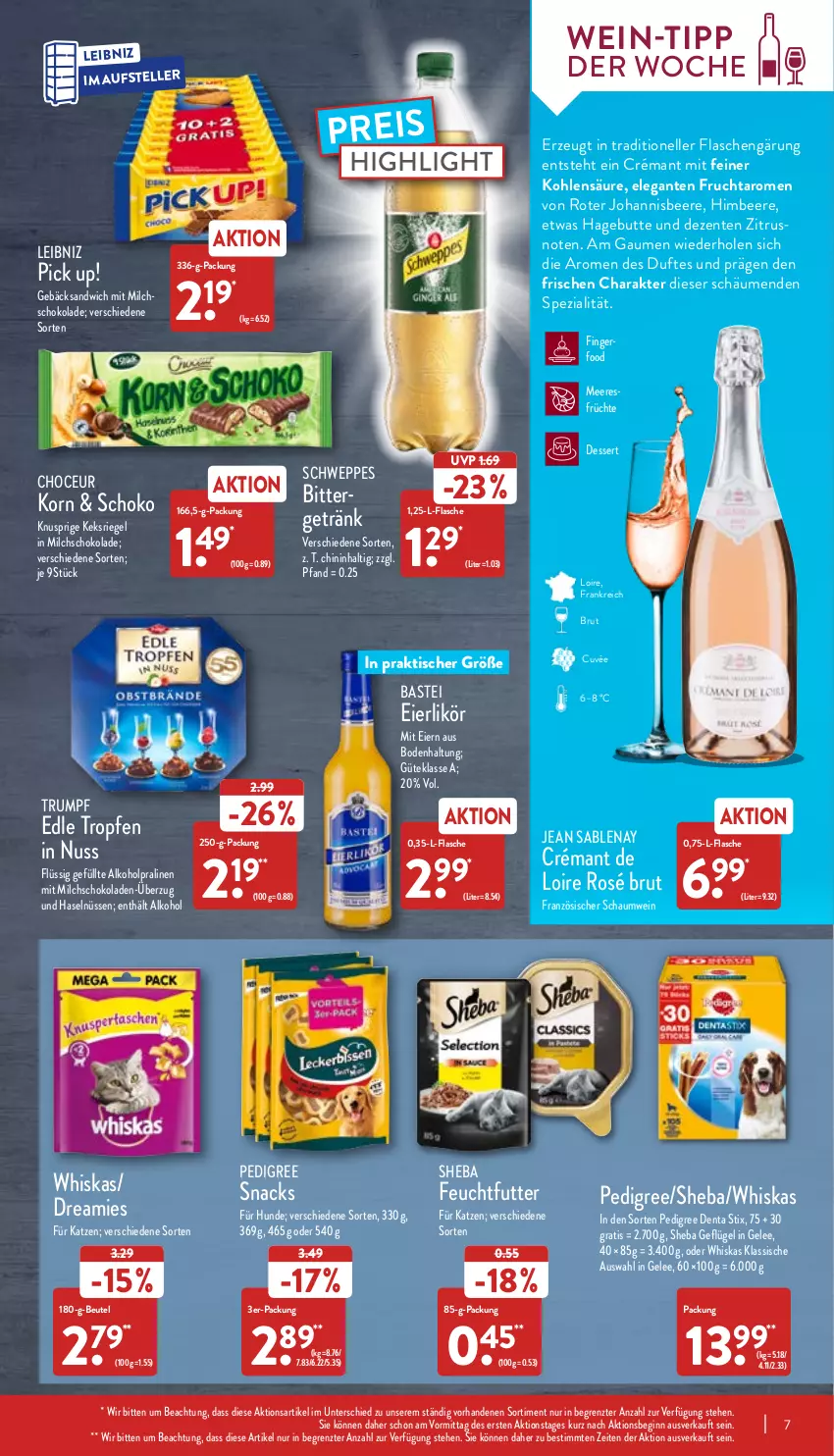 Aktueller Prospekt Aldi Nord - Aldi-Aktuell - von 04.04 bis 09.04.2022 - strona 7 - produkty: alkohol, beere, beutel, brut, crémant de loire, cuvée, dessert, dreamies, eier, eierlikör, eis, elle, ente, flasche, frucht, früchte, Geflügel, gelee, getränk, gin, himbeer, himbeere, johannisbeere, keks, korn, leibniz, likör, meeresfrüchte, milch, nuss, pedigree, Pick Up!, pralinen, reis, riegel, rum, sandwich, schoko, schokolade, schokoladen, schweppes, sheba, snack, snacks, Spezi, teller, Ti, tisch, wein, whiskas, ZTE