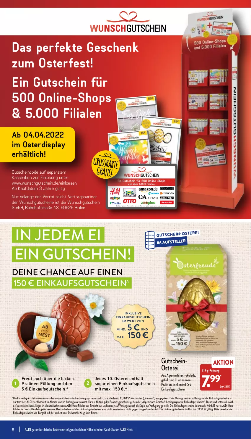 Aktueller Prospekt Aldi Nord - Aldi-Aktuell - von 04.04 bis 09.04.2022 - strona 8 - produkty: aldi, alpenmilch, eis, Elektro, elle, erde, gutschein, gutscheine, lebensmittel, LG, Liege, milch, pralinen, reis, sac, schoko, schokolade, teller, Ti, usb